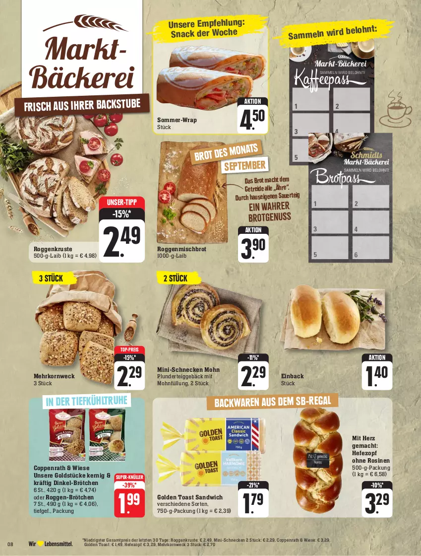 Aktueller Prospekt Edeka - Angebote der Woche - von 18.09 bis 23.09.2023 - strona 8 - produkty: auer, backwaren, brot, brötchen, coppenrath, eis, golden toast, Goldstücke, Hefe, kaffee, korn, mac, Mini-Schnecken, Plunder, regal, reis, sandwich, snack, stube, super-knüller, Ti, toast, top-preis, weck, wrap, ZTE