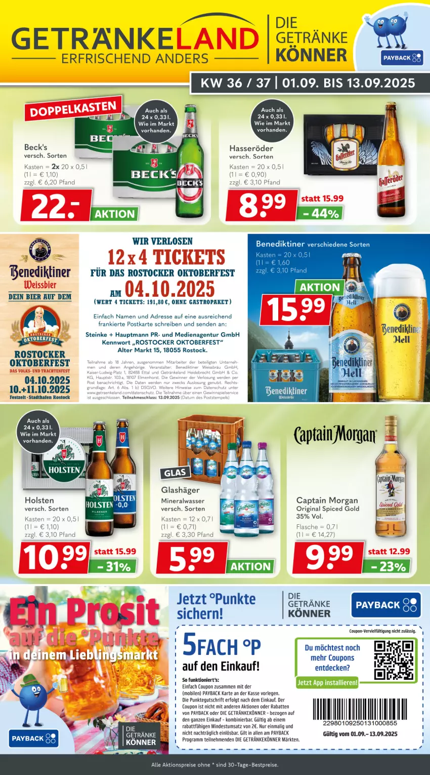 Aktueller Prospekt Getraenkeland - von 31.08 bis 12.09.2025 - strona 1 - produkty: aktionspreis, Alwa, beck's, becks, Benediktiner, bestpreis, bestpreise, bier, Cap, captain morgan, coupon, coupons, decke, eis, Elan, erde, flasche, getränk, getränke, gewinnspiel, gin, hasseröder, holsten, Kaiser, LG, original spiced gold, payback, reis, Rostocker, Ti, wasser, weck, Zelt