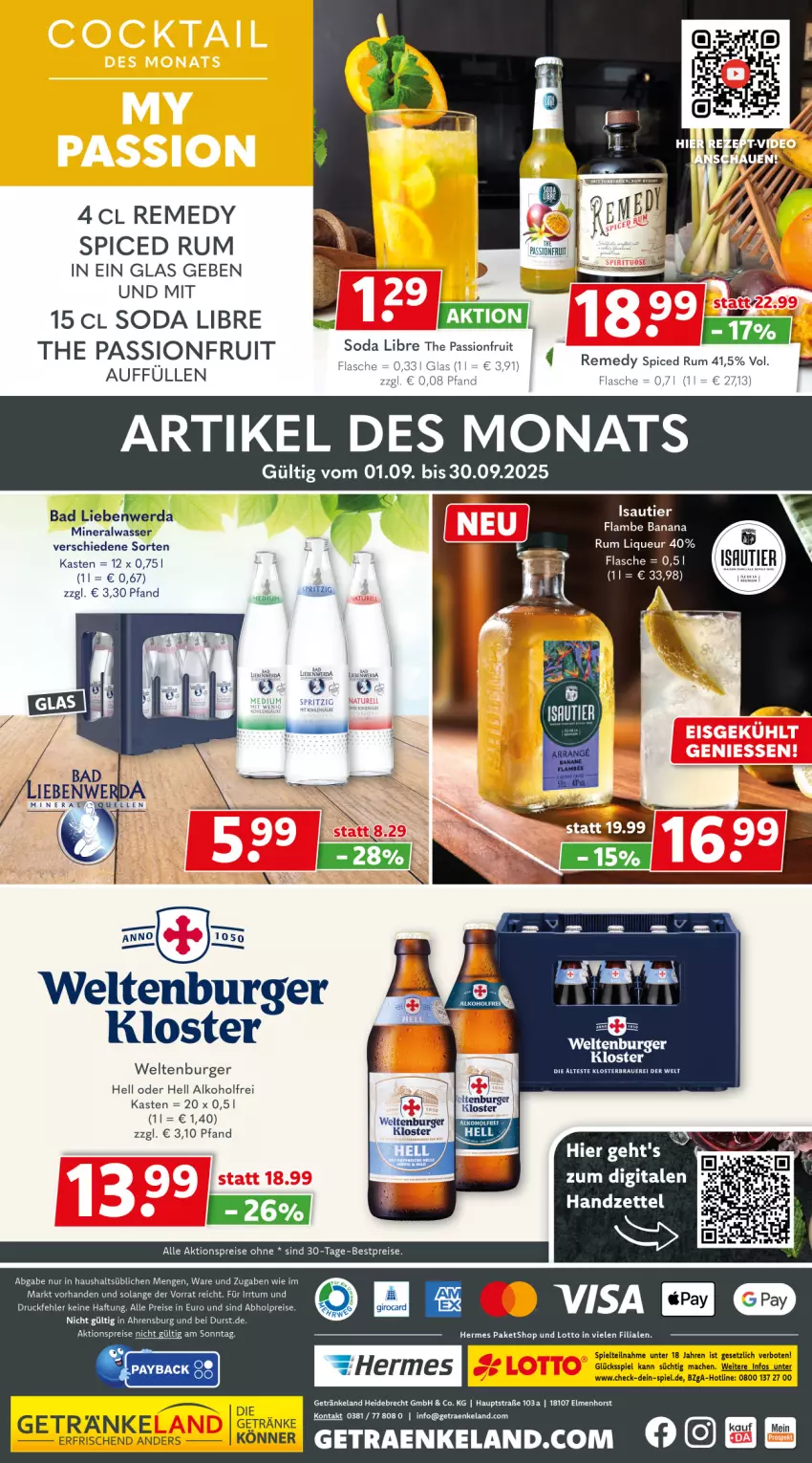 Aktueller Prospekt Getraenkeland - von 31.08 bis 12.09.2025 - strona 15 - produkty: abholpreise, aktionspreis, alkohol, Alwa, Bad, bestpreis, bestpreise, burger, eis, Elan, elle, flasche, getränk, getränke, liqueur, mac, mineralwasser, reis, rum, Soda, Ti, wasser
