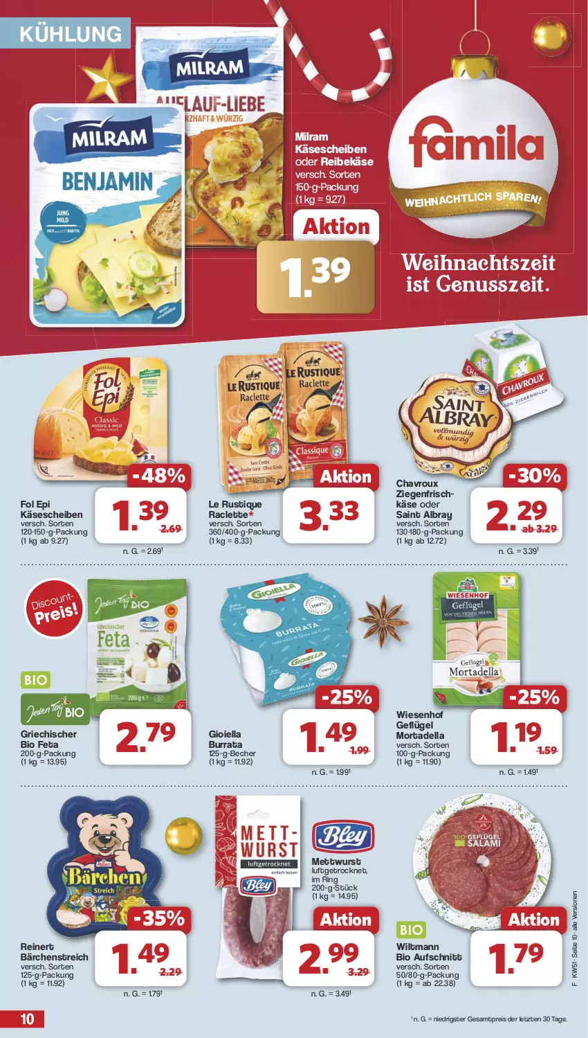 Aktueller Prospekt Famila - Prospekte - von 16.12 bis 24.12.2024 - strona 10 - produkty: albray, aufschnitt, Becher, bio, Burrata, chavroux, dell, eis, feta, fol epi, frischkäse, Geflügel, Käse, käsescheiben, Le Rustique, Mett, mettwurst, milram, mortadella, nuss, Reibekäse, reinert, reis, ring, saint albray, Ti, wiesenhof, wiltmann, wurst, ziegenfrischkäse, ZTE