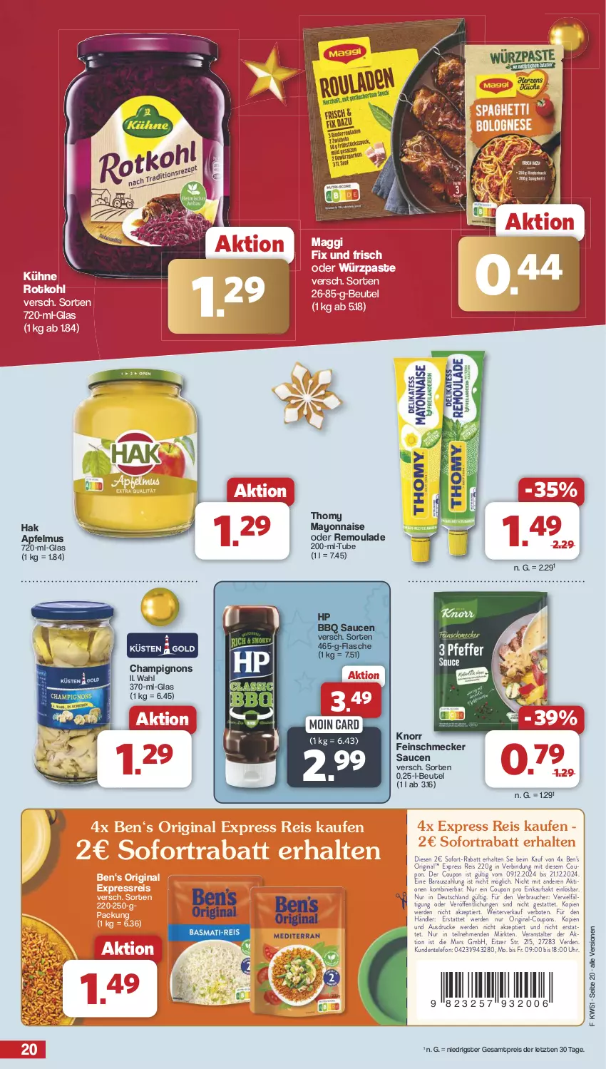 Aktueller Prospekt Famila - Prospekte - von 16.12 bis 24.12.2024 - strona 20 - produkty: apfel, apfelmus, Ben’s Original, beutel, champignon, champignons, coupon, coupons, eis, ente, erde, feinschmecker, flasche, gin, HP, knorr, Kühne, maggi, maggi fix, mars, mayonnaise, Rauch, reis, remoulade, rotkohl, sauce, saucen, sofort-rabatt, sofortrabatt, telefon, thomy, Ti, uhr, Yo, ZTE