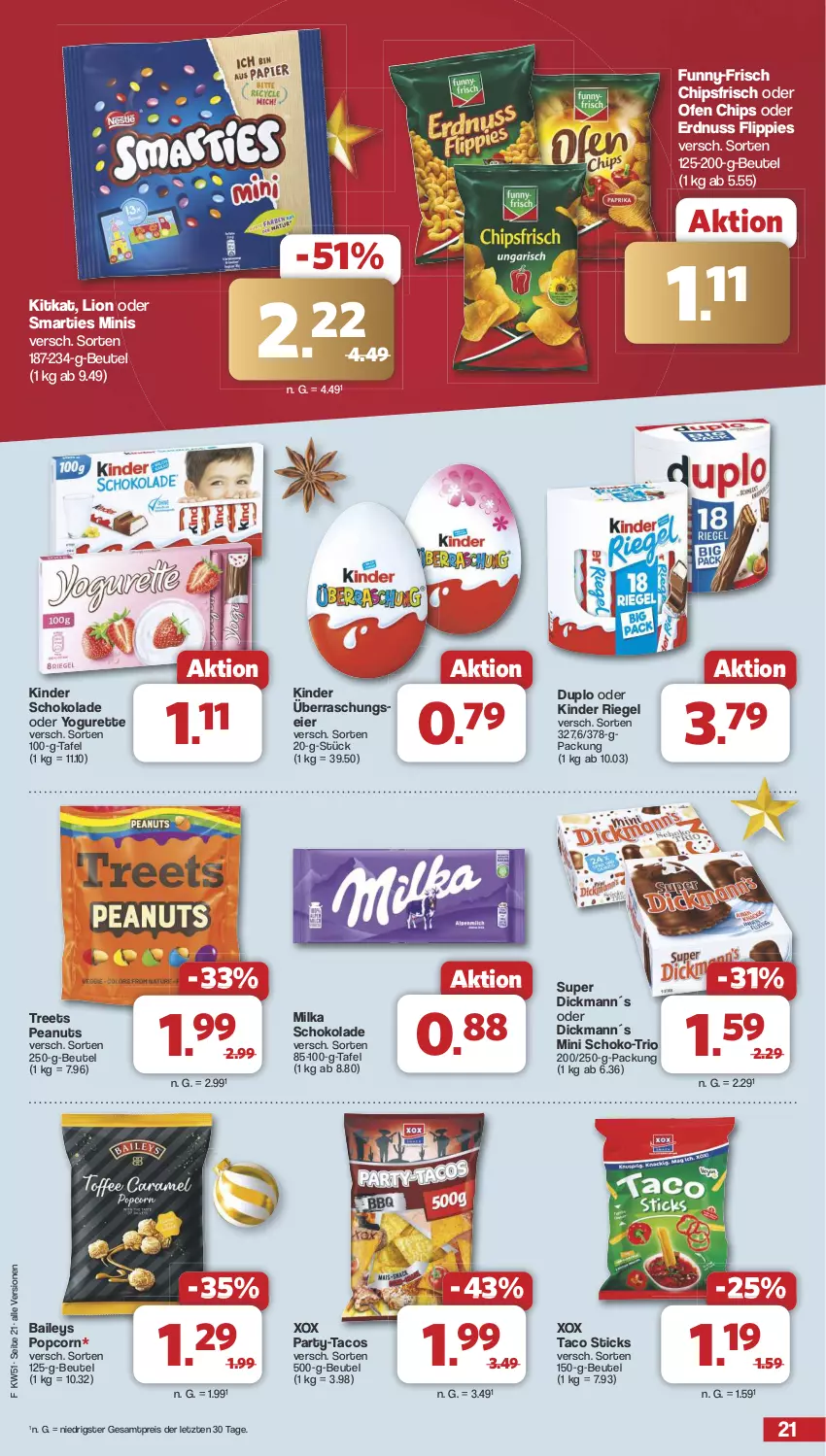 Aktueller Prospekt Famila - Prospekte - von 16.12 bis 24.12.2024 - strona 21 - produkty: baileys, beutel, chips, chipsfrisch, duplo, eier, eis, erdnuss, flippies, funny-frisch, Kinder, kinder riegel, kinder schokolade, kitkat, lion, milka, milka schokolade, nuss, oder yogurette, Ofen, popcorn, reis, riegel, schoko, schokolade, smarties, Ti, Yo, yogurette, ZTE