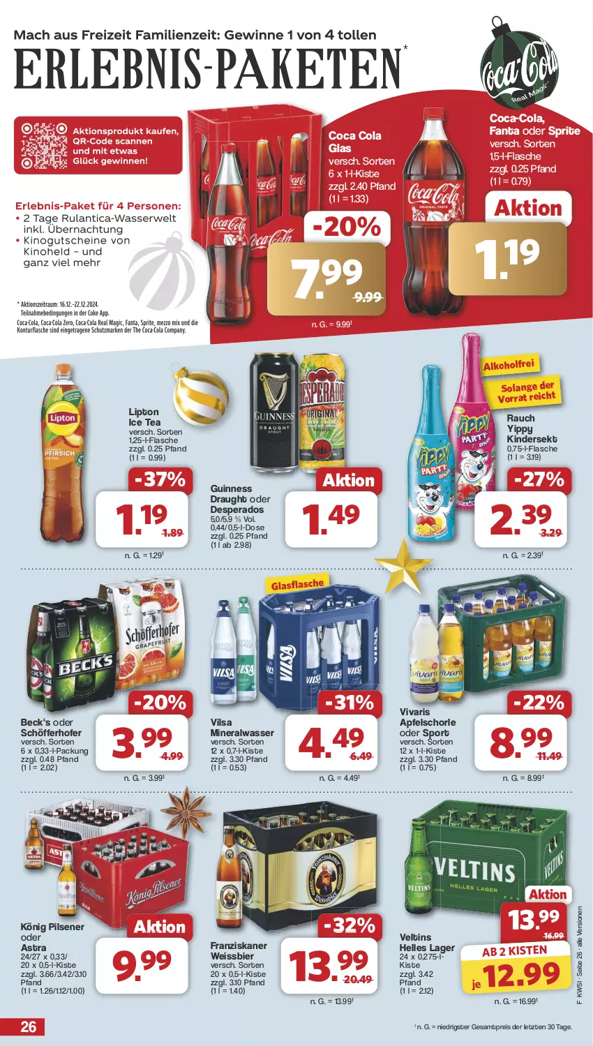 Aktueller Prospekt Famila - Prospekte - von 16.12 bis 24.12.2024 - strona 26 - produkty: alkohol, Alwa, apfel, Apfelschorle, Astra, bier, coca-cola, cola, desperados, eis, elle, fanta, fanta oder, fanta oder sprite, flasche, franziskaner, glasflasche, Guinness, ice tea, Kinder, könig pilsener, lipton, lipton ice tea, mineralwasser, oder sprite, pils, pilsener, Rauch, reis, schöfferhofer, schorle, sekt, Sport, sprite, Ti, veltins, vilsa, Vivaris, wasser, weissbier, ZTE