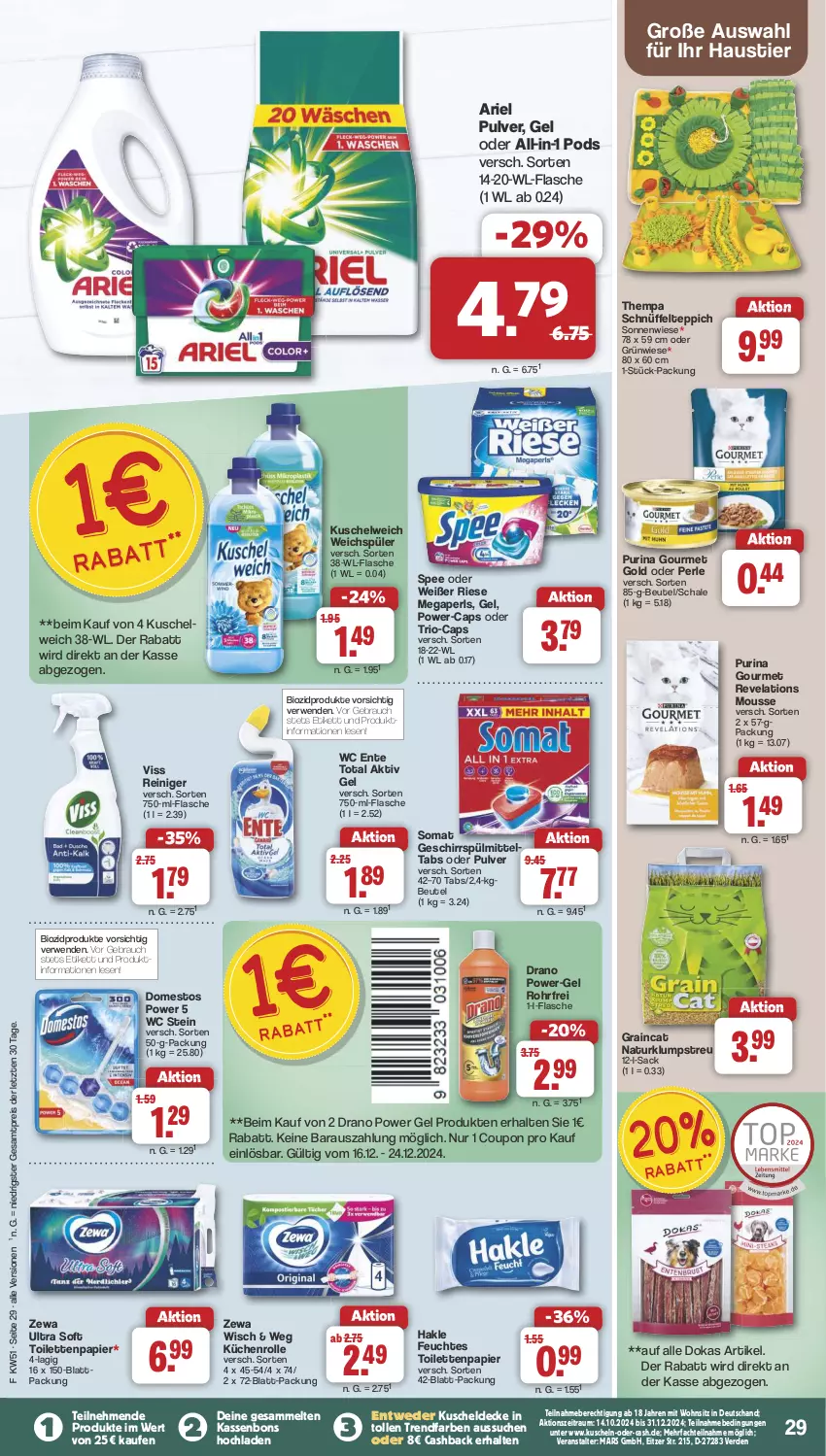 Aktueller Prospekt Famila - Prospekte - von 16.12 bis 24.12.2024 - strona 29 - produkty: aktiv gel, ariel, aust, beutel, bio, biozidprodukte, Cap, coupon, decke, domestos, eis, ente, erde, feuchtes toilettenpapier, flasche, geschirr, geschirrspülmittel, gourmet gold, hakle, klumpstreu, küche, Küchen, küchenrolle, kuscheldecke, Kuschelweich, mars, megaperls, mousse, natur, papier, Pods, power-gel, purina, Rauch, reiniger, reis, rwe, sac, Schal, Schale, somat, spee, spülmittel, Stier, teppich, Ti, toilettenpapier, wc ente, weichspüler, zewa, ZTE