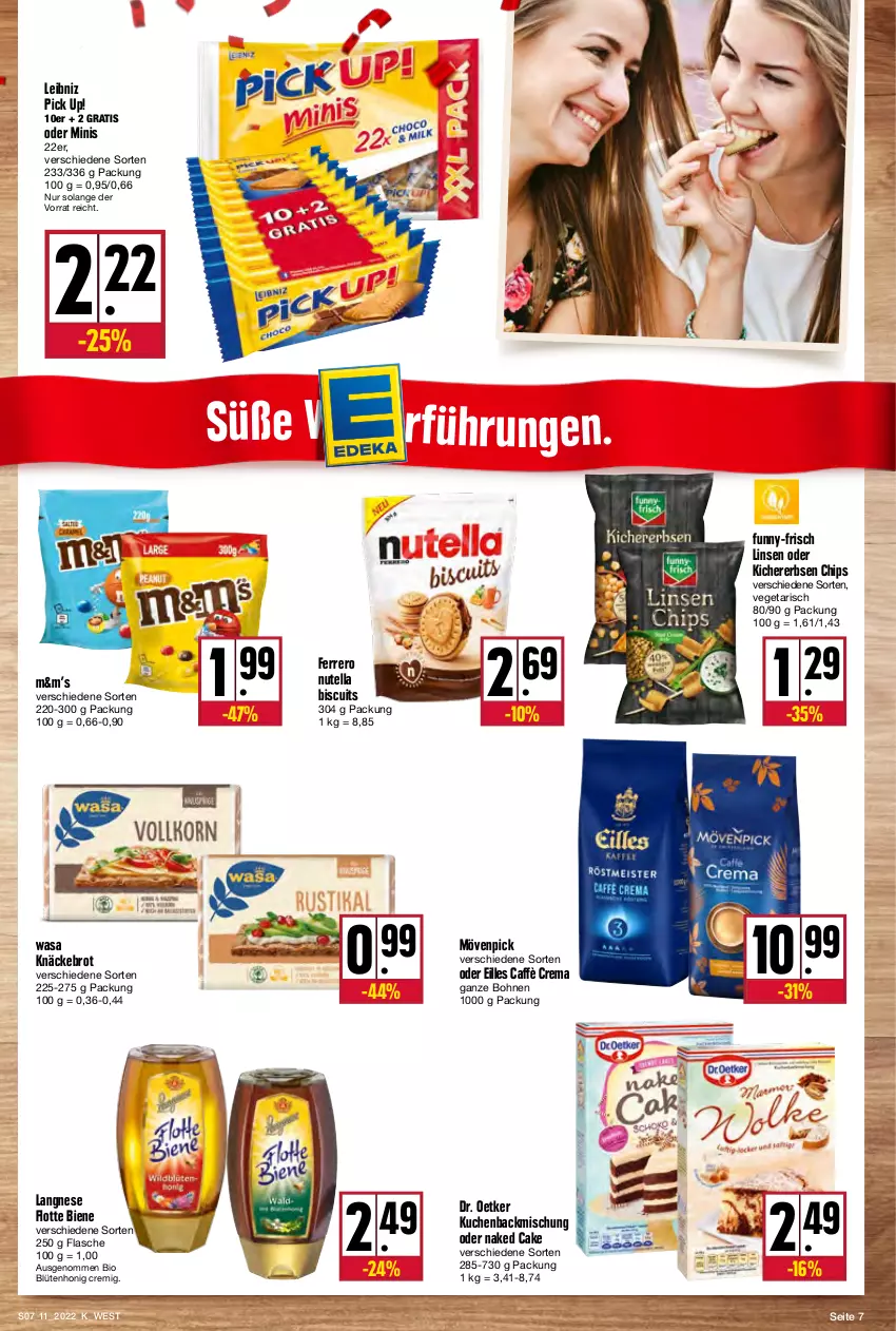 Aktueller Prospekt Kupsch - Angebote der Woche - von 14.03 bis 19.03.2022 - strona 7 - produkty: backmischung, bio, Blüte, blütenhonig, bohne, bohnen, brot, caffè crema, chips, Dr. Oetker, erbsen, ferrero, flasche, funny-frisch, honig, kichererbsen, Kichererbsen Chips, knäckebrot, kuchen, langnese, leibniz, linsen, mövenpick, nutella, Pick Up!, Ti, Vegeta, wasa