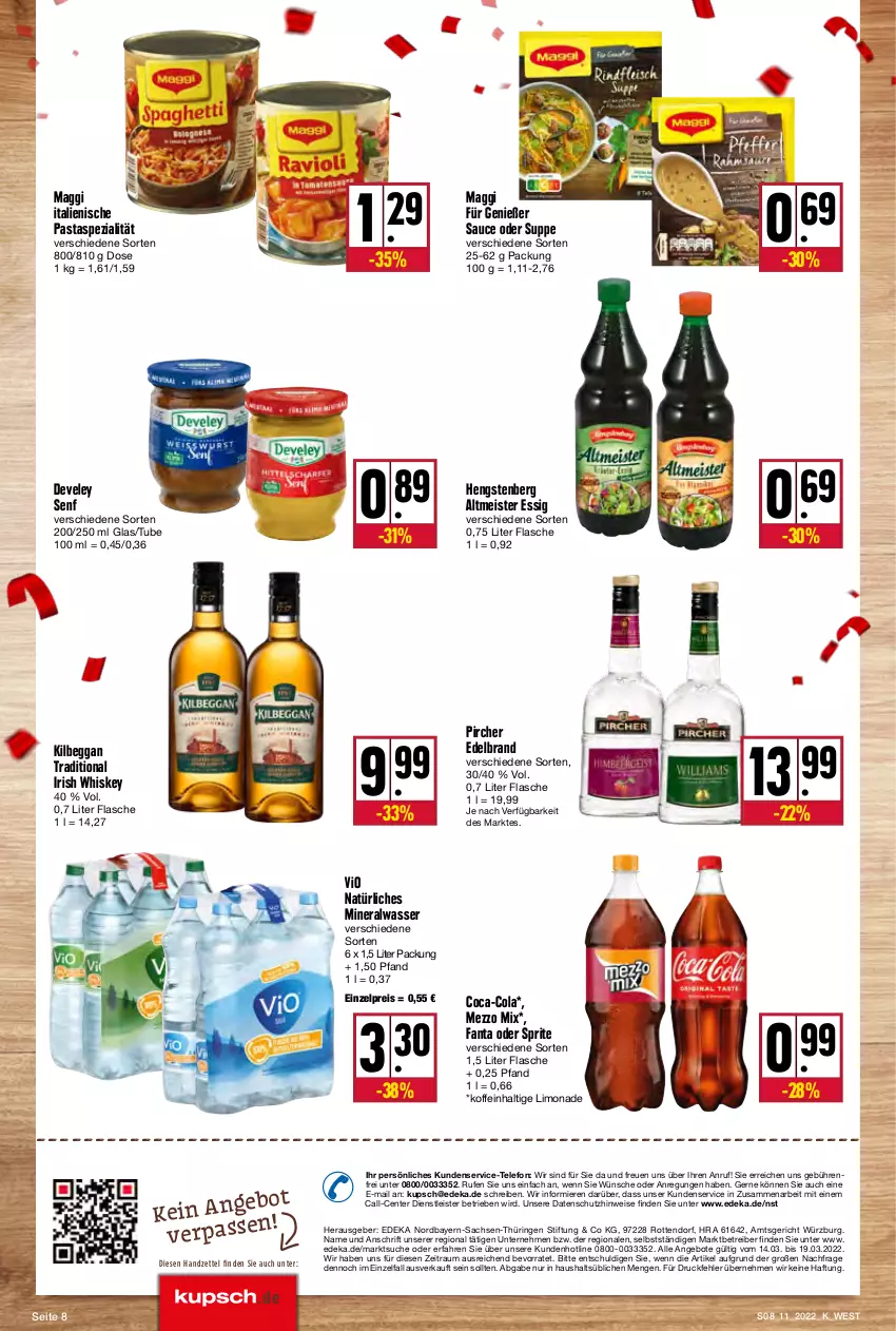 Aktueller Prospekt Kupsch - Angebote der Woche - von 14.03 bis 19.03.2022 - strona 8 - produkty: Alwa, angebot, angebote, coca-cola, cola, deka, develey, eis, ente, essig, fanta, fanta oder, fanta oder sprite, flasche, hengstenberg, Hengstenberg Altmeister, irish whiskey, italienische pasta, kilbeggan, limo, limonade, maggi, Meister, Mezzo Mix, mineralwasser, natürliches mineralwasser, oder sprite, pasta, pircher, reis, ring, sac, sauce, senf, Spezi, sprite, suppe, telefon, Ti, wasser, whiskey