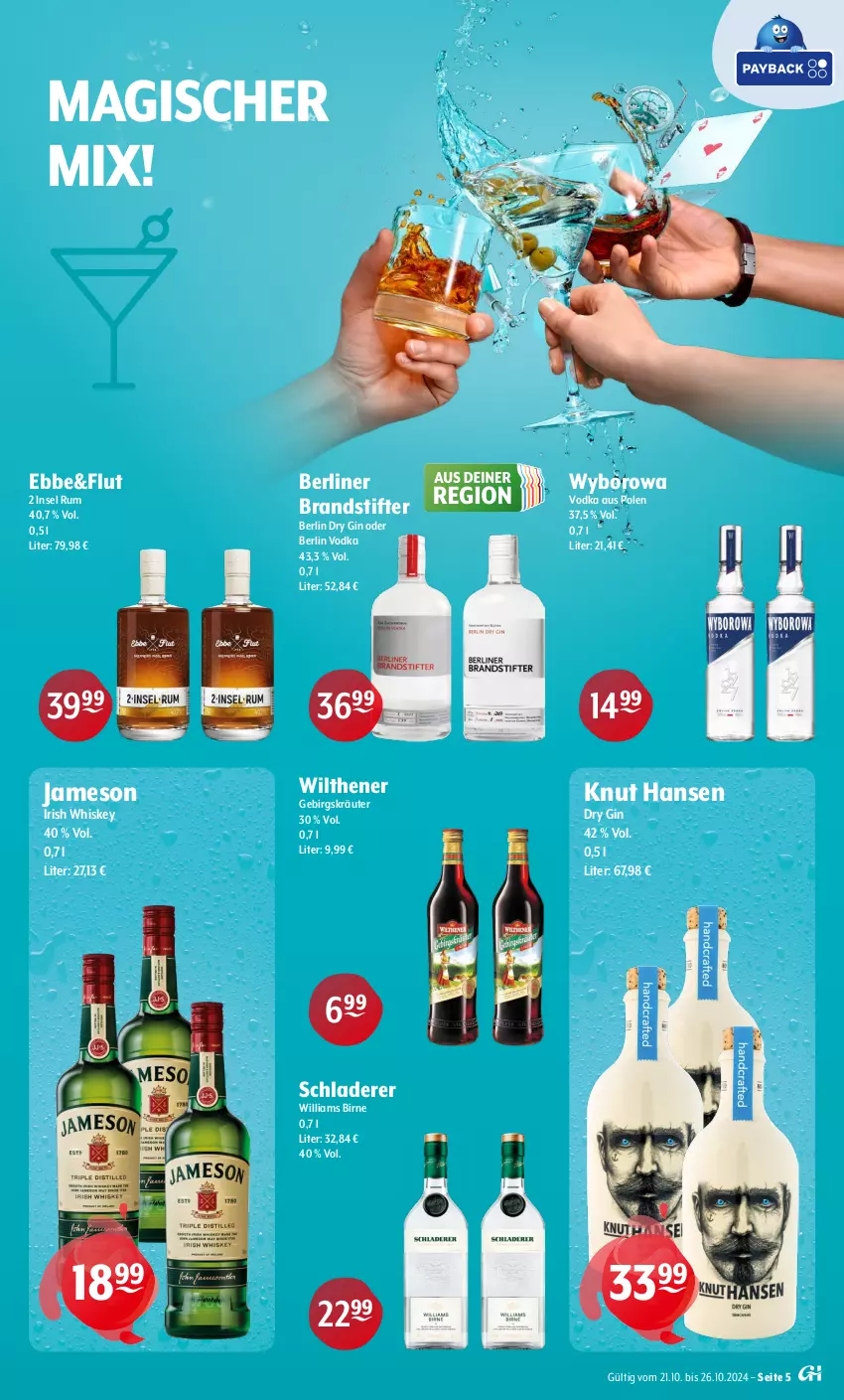 Aktueller Prospekt Getraenke Hoffmann - Prospekte - von 21.10 bis 26.10.2024 - strona 5 - produkty: berliner, dry gin, gin, irish whiskey, jameson, kräuter, rum, Schladerer, stifte, Ti, vodka, whiskey, Williams Birne, wilthener