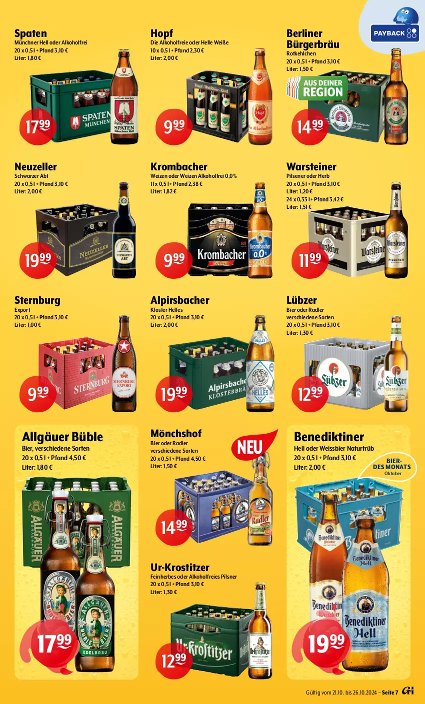 Aktueller Prospekt Getraenke Hoffmann - Prospekte - von 21.10 bis 26.10.2024 - strona 7 - produkty: alkohol, Alpirsbacher, Benediktiner, berliner, bier, eis, elle, erde, krombache, krombacher, LG, Lübzer, mönchshof, natur, oder radler, pils, pilsener, pilsner, radler, Spaten, steiner, Sternburg, Ti, warsteiner, weissbier