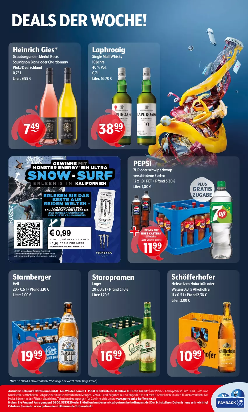 Aktueller Prospekt Getraenke Hoffmann - Prospekte - von 21.10 bis 26.10.2024 - strona 8 - produkty: 7UP, abholpreise, alkohol, Berger, burgunder, chardonnay, eis, flasche, getränk, getränke, gewinnspiel, grauburgunder, Hefe, hefeweizen, laphroaig, merl, merlot, natur, pepsi, reis, sauvignon, sauvignon blanc, schöfferhofer, Schwip Schwap, single malt, Spiele, Staropramen, Ti, whisky, zucker