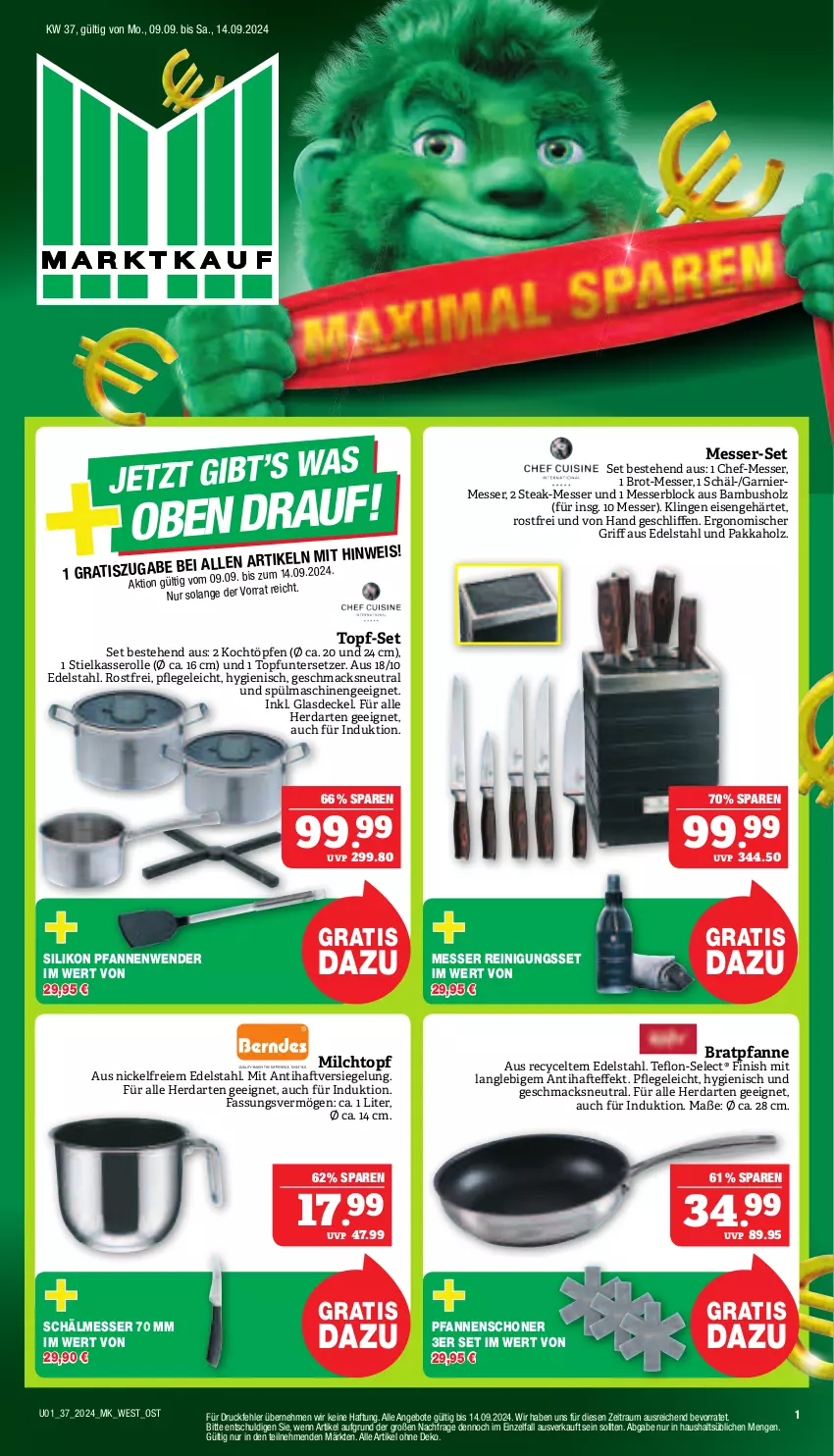 Aktueller Prospekt Marktkauf - Prospekt - von 08.09 bis 14.09.2024 - strona 1 - produkty: angebot, angebote, bambus, bratpfanne, brot, decke, Deckel, edelstahl, eis, Finish, garnier, Glasdeckel, herdarten, Holz, mac, messer, messerblock, milch, pfanne, pfannen, Pfannenwender, Reinigung, spülmaschinen, steak, stielkasserolle, Ti, topf, topf-set, Topfuntersetzer, Untersetzer