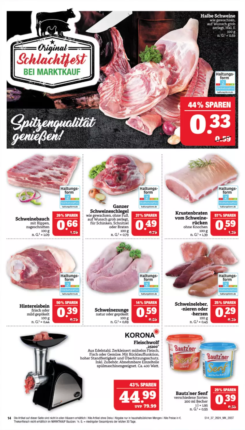 Aktueller Prospekt Marktkauf - Prospekt - von 08.09 bis 14.09.2024 - strona 18 - produkty: Bau, Becher, braten, edelstahl, eis, fisch, fleisch, krustenbraten, leine, natur, reis, Rippen, schinken, schnitten, schnitzel, schwein, schweine, Schweinebauch, Schweineleber, Schweinezunge, senf, spülmaschinen, Ti, überhitzungsschutz, wein, weine, Zelt, ZTE