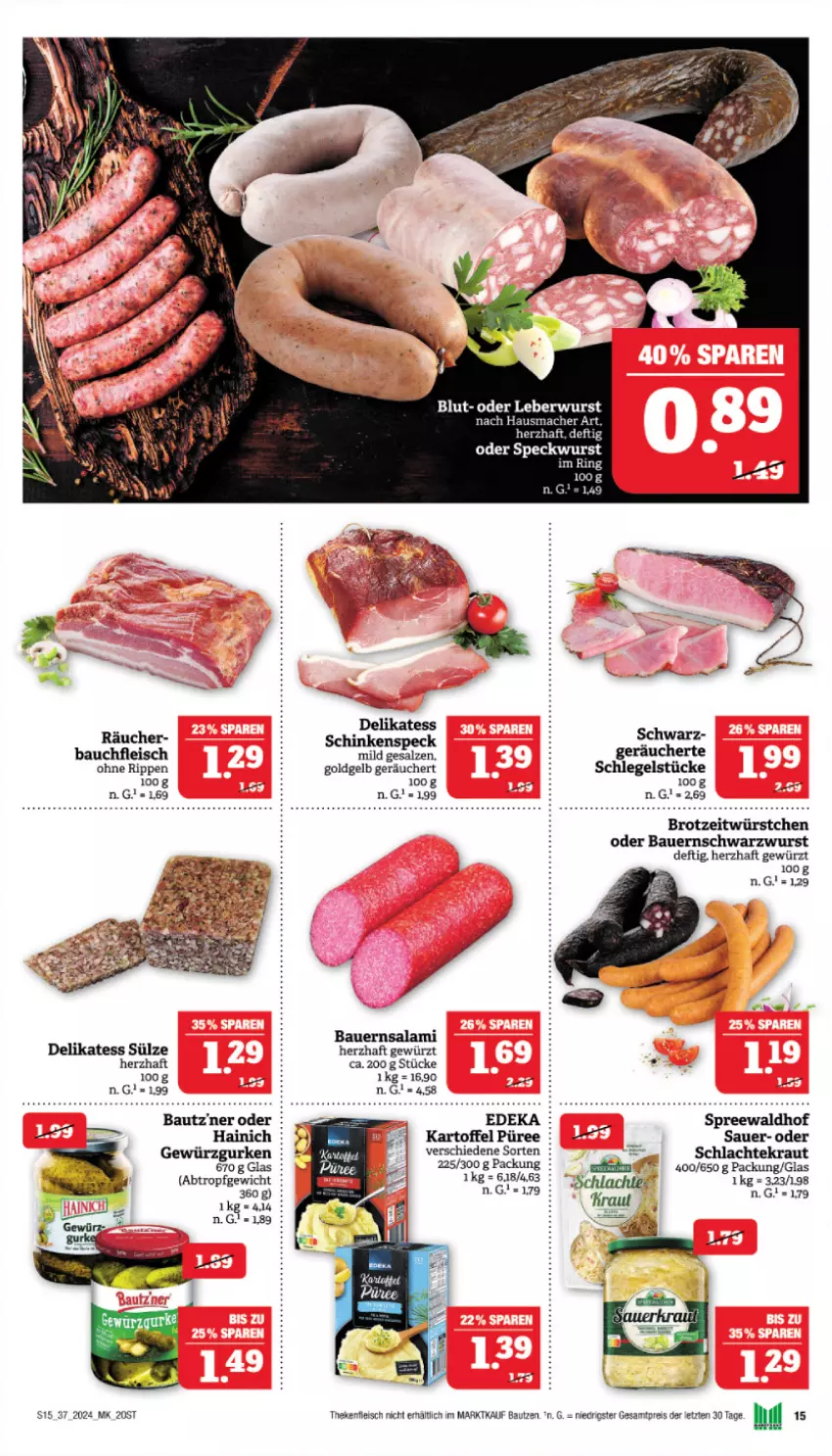 Aktueller Prospekt Marktkauf - Prospekt - von 08.09 bis 14.09.2024 - strona 19 - produkty: auer, Bau, Bauer, brot, eis, fleisch, gewürz, Gewürzgurke, gewürzgurken, gurke, gurken, Hausmacher, kartoffel, Kraut, leberwurst, mac, püree, reis, Rippen, salami, salz, schinken, schinkenspeck, Schwarzwurst, Speck, spreewaldhof, Ti, wurst, würstchen, ZTE