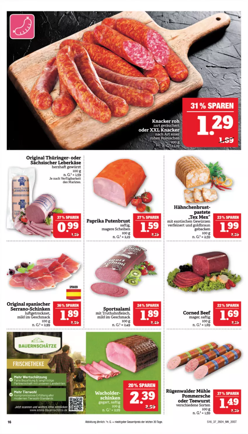 Aktueller Prospekt Marktkauf - Prospekt - von 08.09 bis 14.09.2024 - strona 20 - produkty: beef, braun, corned beef, eis, fleisch, geback, gewürz, gin, hähnchenbrust, Käse, knacker, leberkäs, leberkäse, mac, paprika, Pommersche, pute, putenbrust, reis, ring, rügenwalder, rügenwalder mühle, saft, salami, schinken, serrano, Sport, tee, teewurst, Ti, tisch, truthahn, wurst, ZTE