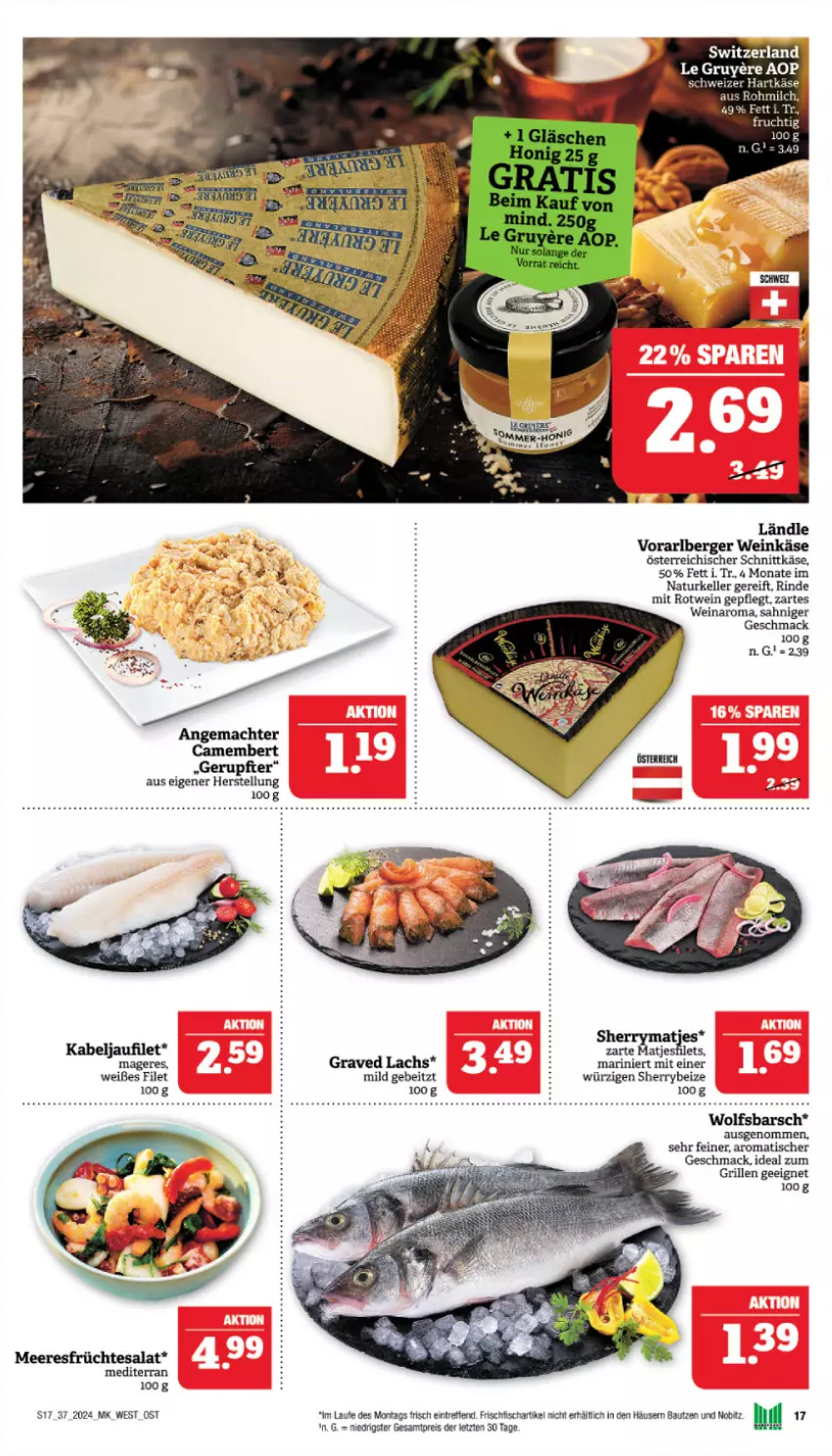 Aktueller Prospekt Marktkauf - Prospekt - von 08.09 bis 14.09.2024 - strona 21 - produkty: Bau, Berger, camembert, eis, elle, filet, fisch, frischfisch, früchte, Graved Lachs, grill, hartkäse, kabeljaufilet, Käse, lachs, mac, matjes, meeresfrüchte, natur, österreichischer schnittkäse, reis, rind, rotwein, salat, schnittkäse, tesa, Ti, tisch, wein, Weinkäse, wolfsbarsch, ZTE