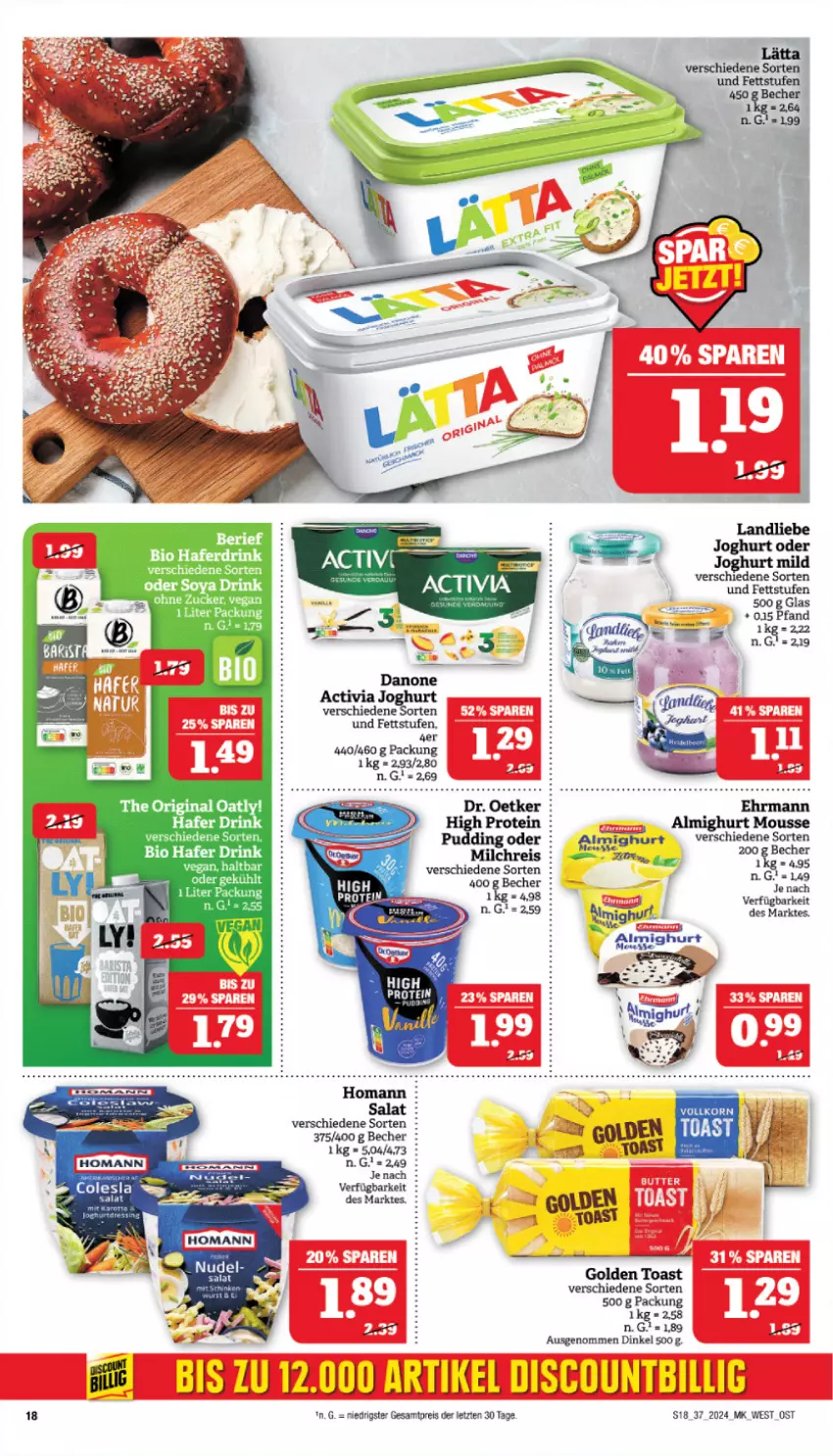 Aktueller Prospekt Marktkauf - Prospekt - von 08.09 bis 14.09.2024 - strona 22 - produkty: activia, activia joghurt, almighur, almighurt, Becher, bio, danone, danone activia, discount, drink, ehrmann, eis, gin, golden toast, hafer, joghur, joghurt, landliebe, milch, milchreis, mousse, reis, salat, soya, Ti, toast, ZTE, zucker