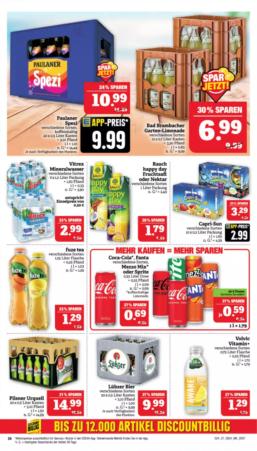 Aktueller Prospekt Marktkauf - Prospekt - von 08.09 bis 14.09.2024 - strona 28 - produkty: aktionspreis, Alwa, Bad, bier, coca-cola, cola, deka, eier, eis, fanta, flasche, frucht, fruchtsaft, fuzetea, Garten, Happy Day, limo, limonade, Lübzer, Mezzo Mix, mineralwasser, Nektar, nuss, oder sprite, Paula, paulaner, pils, pilsner, pilsner urquell, Rauch, reis, saft, Spezi, sprite, Ti, vita, vitrex, volvic, wasser, ZTE