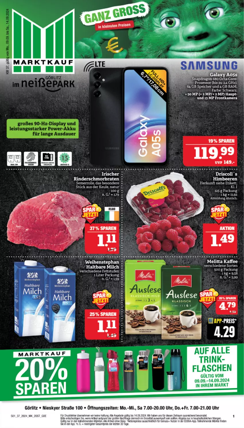 Aktueller Prospekt Marktkauf - Prospekt - von 08.09 bis 14.09.2024 - strona 5 - produkty: Bau, beere, beeren, braten, eis, flasche, frontkamera, haltbare milch, himbeer, himbeere, himbeeren, kamera, milch, natur, reis, rind, rinder, schmorbraten, tee, Ti, weihenstephan