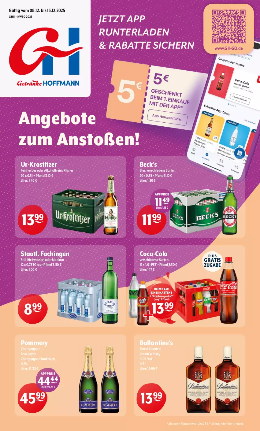 Aktueller Prospekt Getraenke Hoffmann - Prospekte - von 08.12 bis 13.12.2025 - strona 1 - produkty: alkohol, angebot, angebote, ball, bier, blended scotch, blended scotch whisky, brut, champagne, champagner, coca-cola, cola, eis, flasche, pils, pilsner, reis, scotch, scotch whisky, Staatl. Fachingen, Ti, wasser, whisky