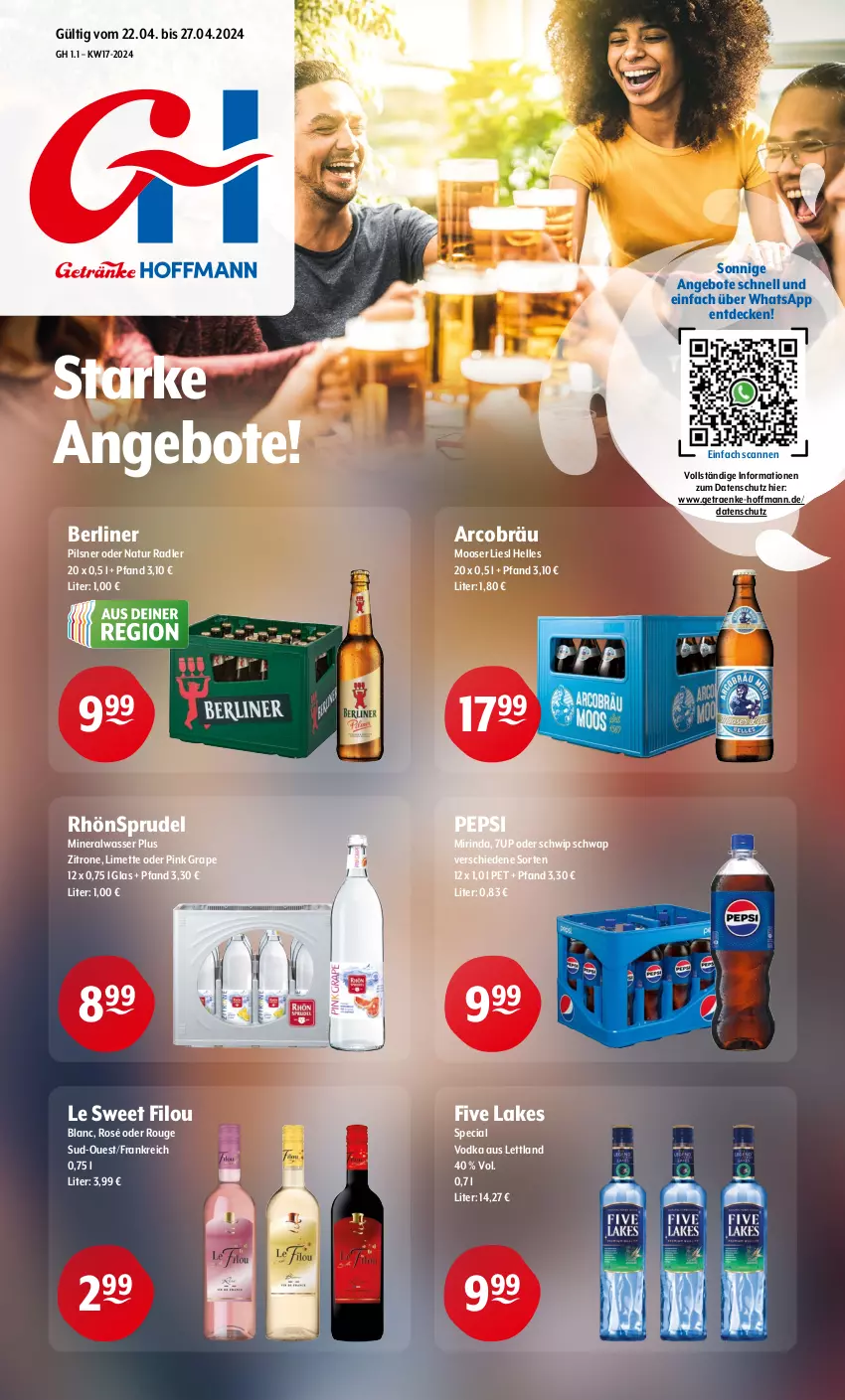 Aktueller Prospekt Getraenke Hoffmann - Prospekte - von 22.04 bis 27.04.2024 - strona 1 - produkty: 7UP, Alwa, angebot, angebote, berliner, decke, elle, limette, Mett, mineralwasser, Mirinda, natur, natur radler, pepsi, pils, pilsner, radler, RhönSprudel, rind, rouge, Schwip Schwap, Sprudel, Ti, vodka, wasser, zitrone