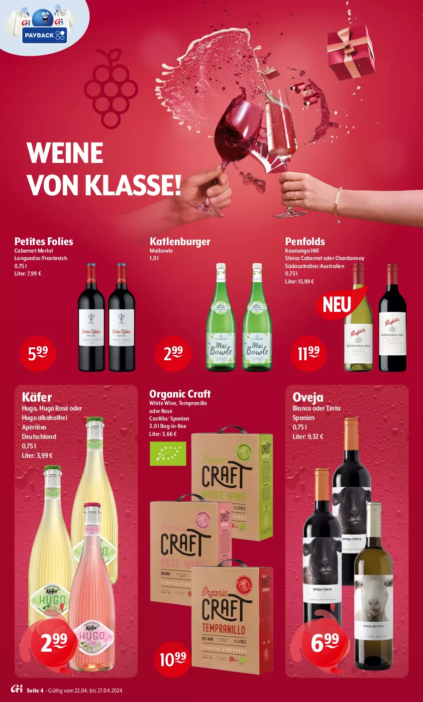 Aktueller Prospekt Getraenke Hoffmann - Prospekte - von 22.04 bis 27.04.2024 - strona 4 - produkty: alkohol, asti, aust, bag-in-box, bowle, burger, cabernet, chardonnay, hugo, käfer, katlenburger, merl, merlot, Organic Craft, tempranillo, Ti, wein, weine