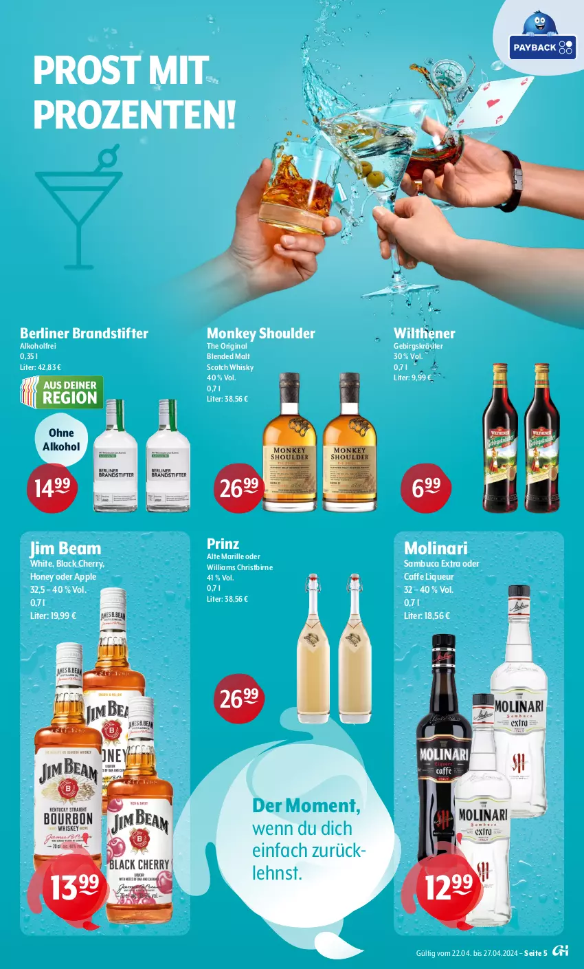 Aktueller Prospekt Getraenke Hoffmann - Prospekte - von 22.04 bis 27.04.2024 - strona 5 - produkty: alkohol, Apple, berliner, caffe, ente, gin, jim beam, kräuter, lack, liqueur, Molinari, ohne alkohol, sambuca, scotch, scotch whisky, stifte, Ti, whisky, wilthener