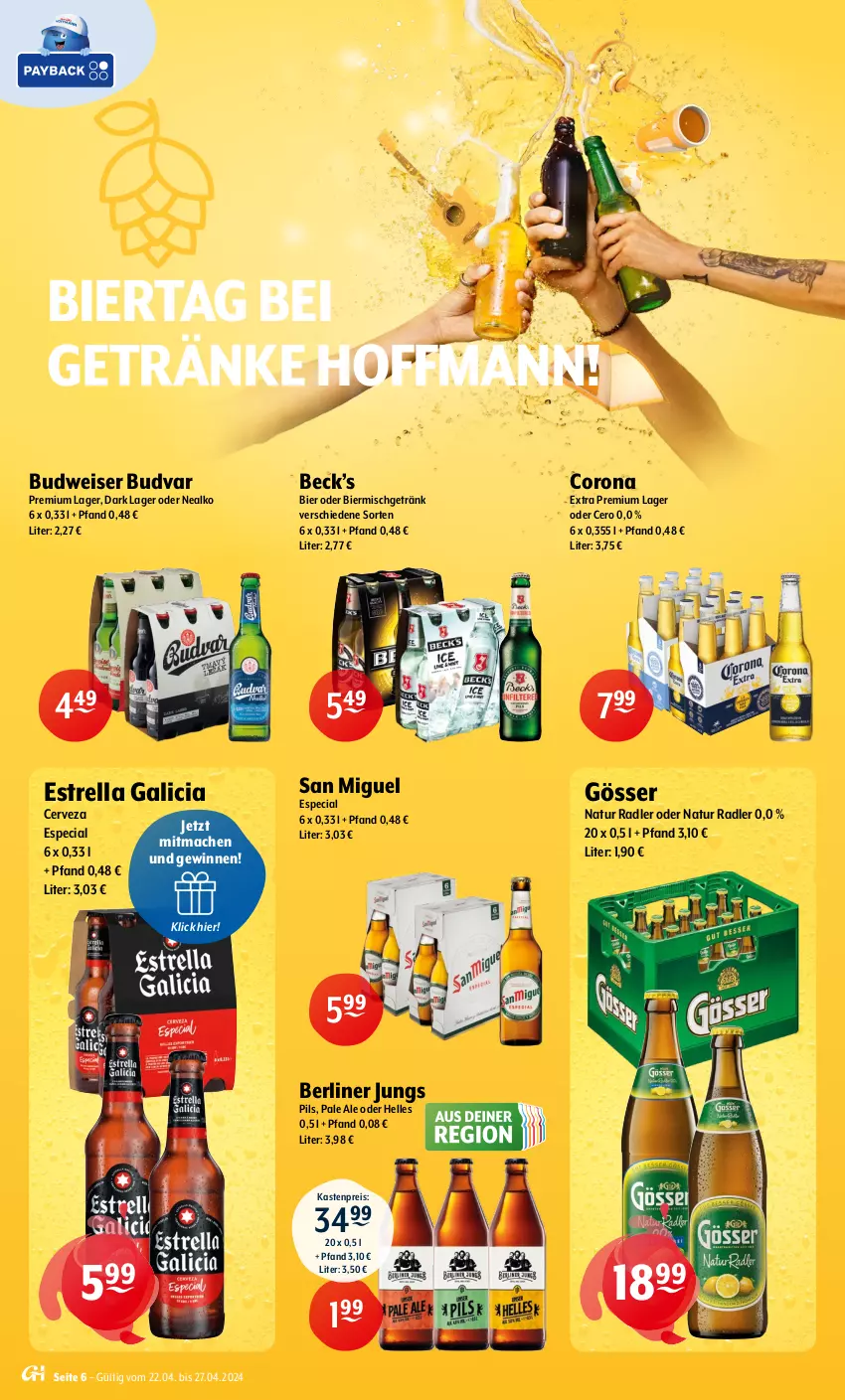 Aktueller Prospekt Getraenke Hoffmann - Prospekte - von 22.04 bis 27.04.2024 - strona 6 - produkty: berliner, bier, budweiser, corona, corona extra, eis, elle, getränk, getränke, gösser, mac, natur, natur radler, pils, radler, reis, rel, Ti