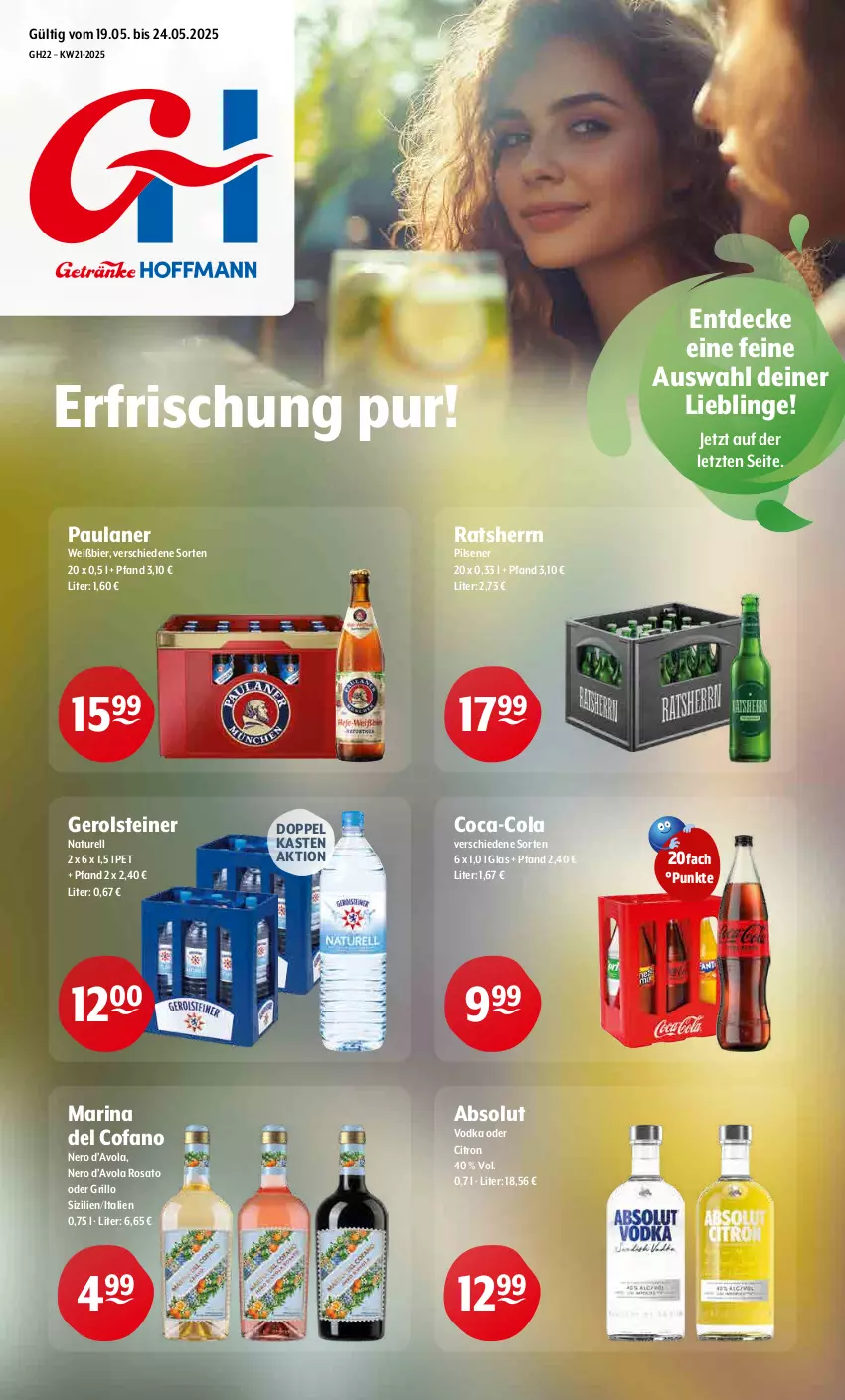 Aktueller Prospekt Getraenke Hoffmann - Prospekte - von 19.05 bis 24.05.2025 - strona 1 - produkty: Absolut Vodka, bier, coca-cola, cola, decke, gerolsteine, gerolsteiner, grill, grillo, natur, nero, Paula, paulaner, pils, pilsener, Ratsherrn, rel, rosato, steiner, Ti, vodka, ZTE