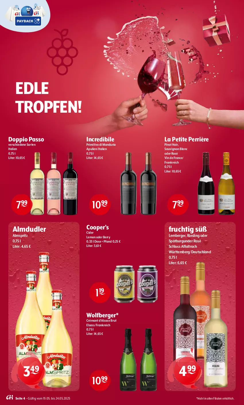 Aktueller Prospekt Getraenke Hoffmann - Prospekte - von 19.05 bis 24.05.2025 - strona 4 - produkty: almdudler, Berger, brut, burgunder, cider, doppio passo, frucht, passo, Pinot, pinot noir, primitivo, Ria, riesling, sac, sauvignon, sauvignon blanc, spätburgunder, Ti, vin de france