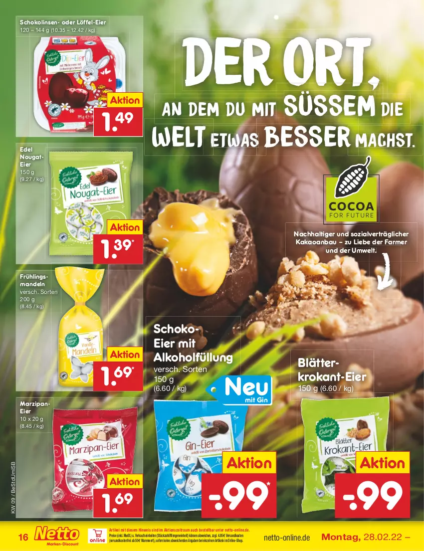 Aktueller Prospekt Netto Marken-Discount - Filial-Angebote - von 28.02 bis 05.03.2022 - strona 16 - produkty: alkohol, Bau, eier, eis, gin, kakao, linsen, Löffel, mac, mandel, mandeln, marzipan, ndk, reis, schoko, Schokolinsen, Ti, versandkostenfrei