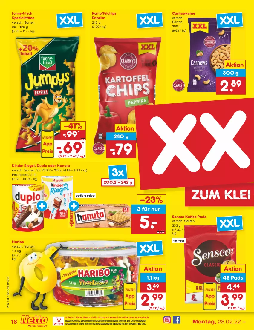 Aktueller Prospekt Netto Marken-Discount - Filial-Angebote - von 28.02 bis 05.03.2022 - strona 18 - produkty: Cashew, cashewkerne, chips, duplo, eis, funny-frisch, hanuta, haribo, kaffee, kartoffel, kartoffelchips, Kinder, kinder riegel, ndk, paprika, reis, riegel, senseo, Spezi, Ti, Tiere, versandkostenfrei