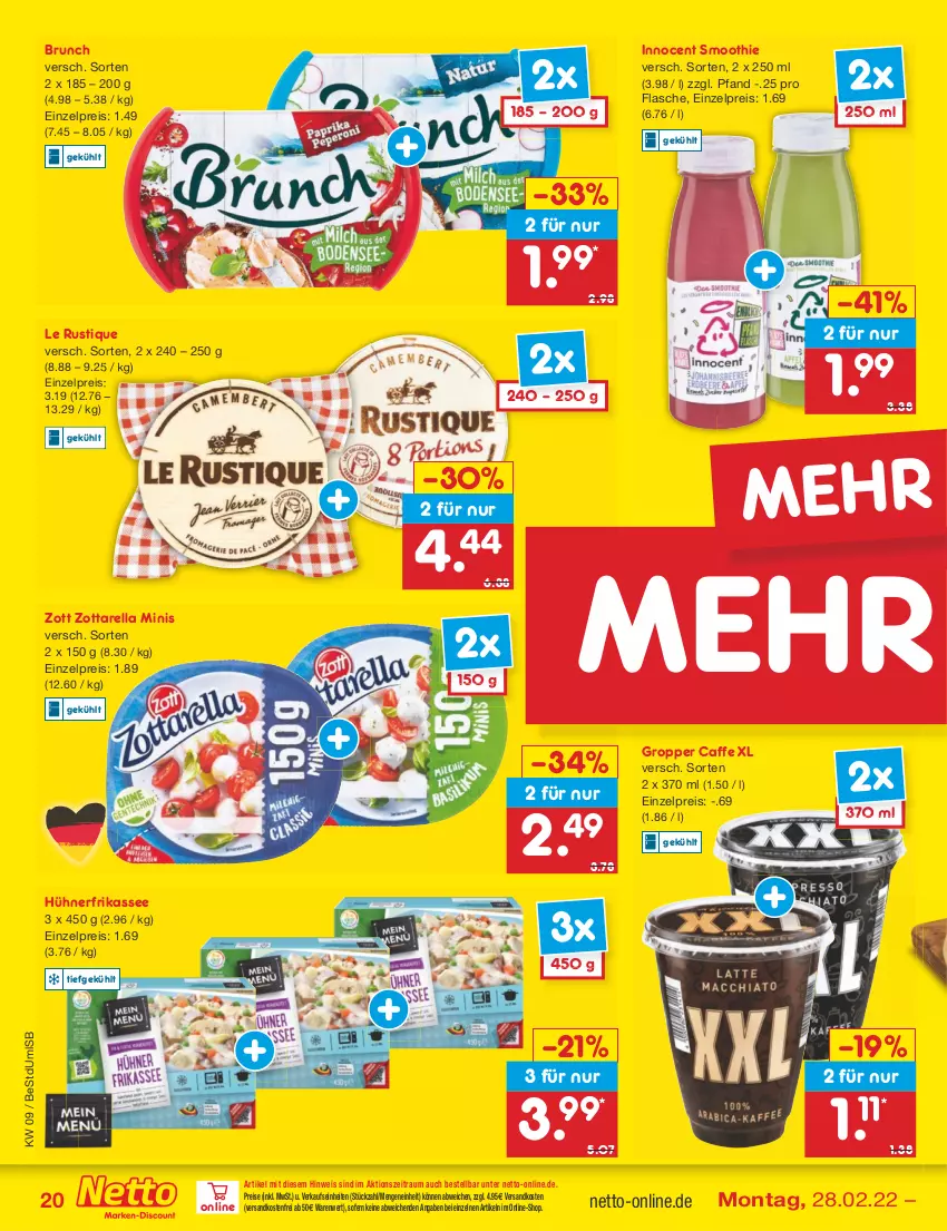 Aktueller Prospekt Netto Marken-Discount - Filial-Angebote - von 28.02 bis 05.03.2022 - strona 20 - produkty: caffe, eis, flasche, hühner, Innocent, Le Rustique, ndk, nerf, reis, rel, smoothie, Ti, versandkostenfrei, zott, zottarella, zottarella minis