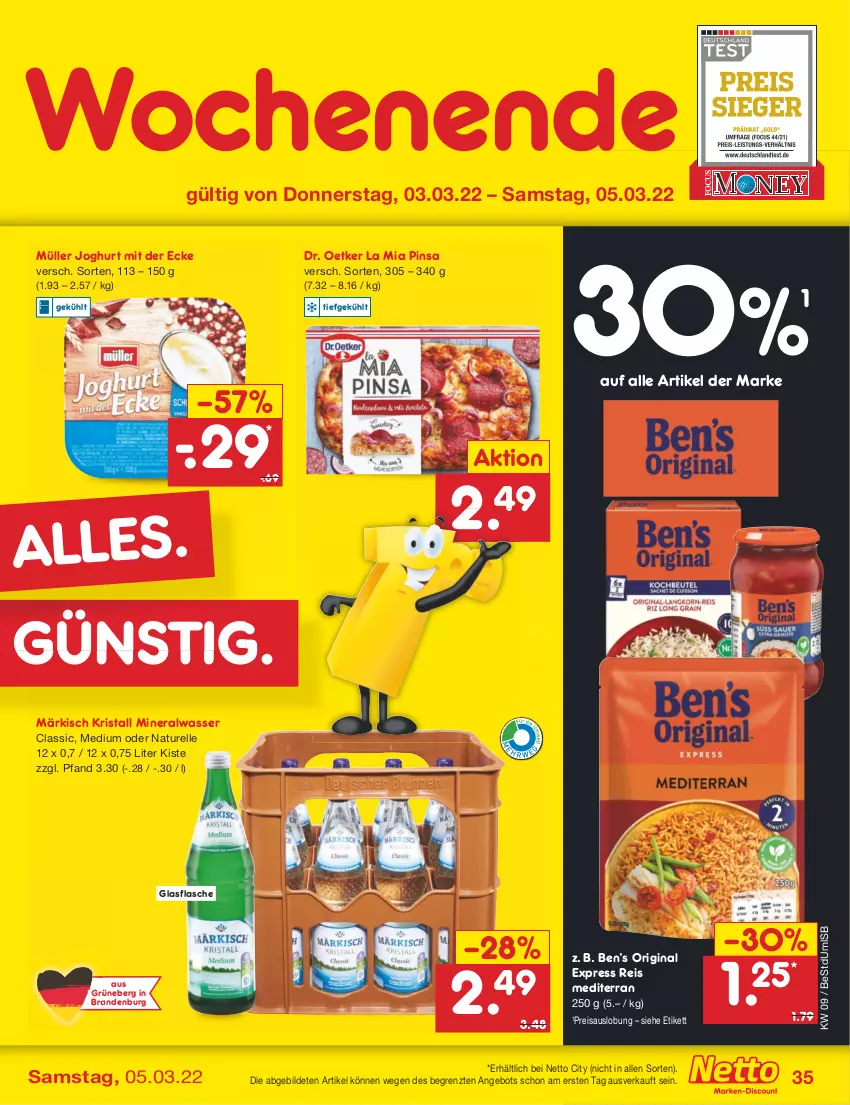 Aktueller Prospekt Netto Marken-Discount - Filial-Angebote - von 28.02 bis 05.03.2022 - strona 35 - produkty: Alwa, angebot, Ben’s Original, Dr. Oetker, eis, elle, flasche, gin, glasflasche, joghur, joghurt, joghurt mit der ecke, mineralwasser, Mineralwasser Classic, Müller, natur, reis, rel, Ti, wasser, ZTE