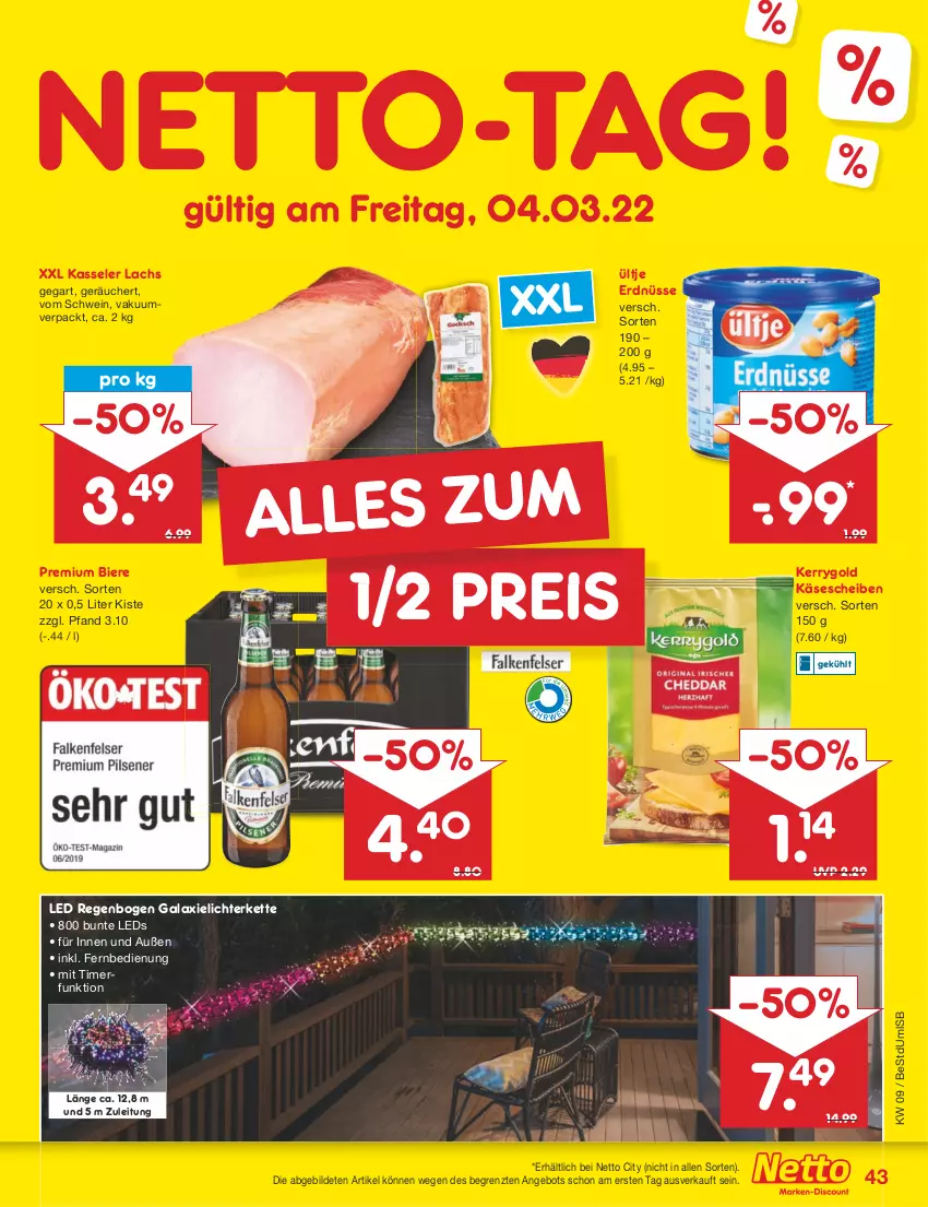 Aktueller Prospekt Netto Marken-Discount - Filial-Angebote - von 28.02 bis 05.03.2022 - strona 43 - produkty: angebot, bier, Biere, eis, erdnüsse, fernbedienung, Käse, käsescheiben, kasseler, kerrygold, Kette, lachs, leds, lichterkette, reis, schwein, Ti, timer, ültje, ültje erdnüsse, wein, ZTE