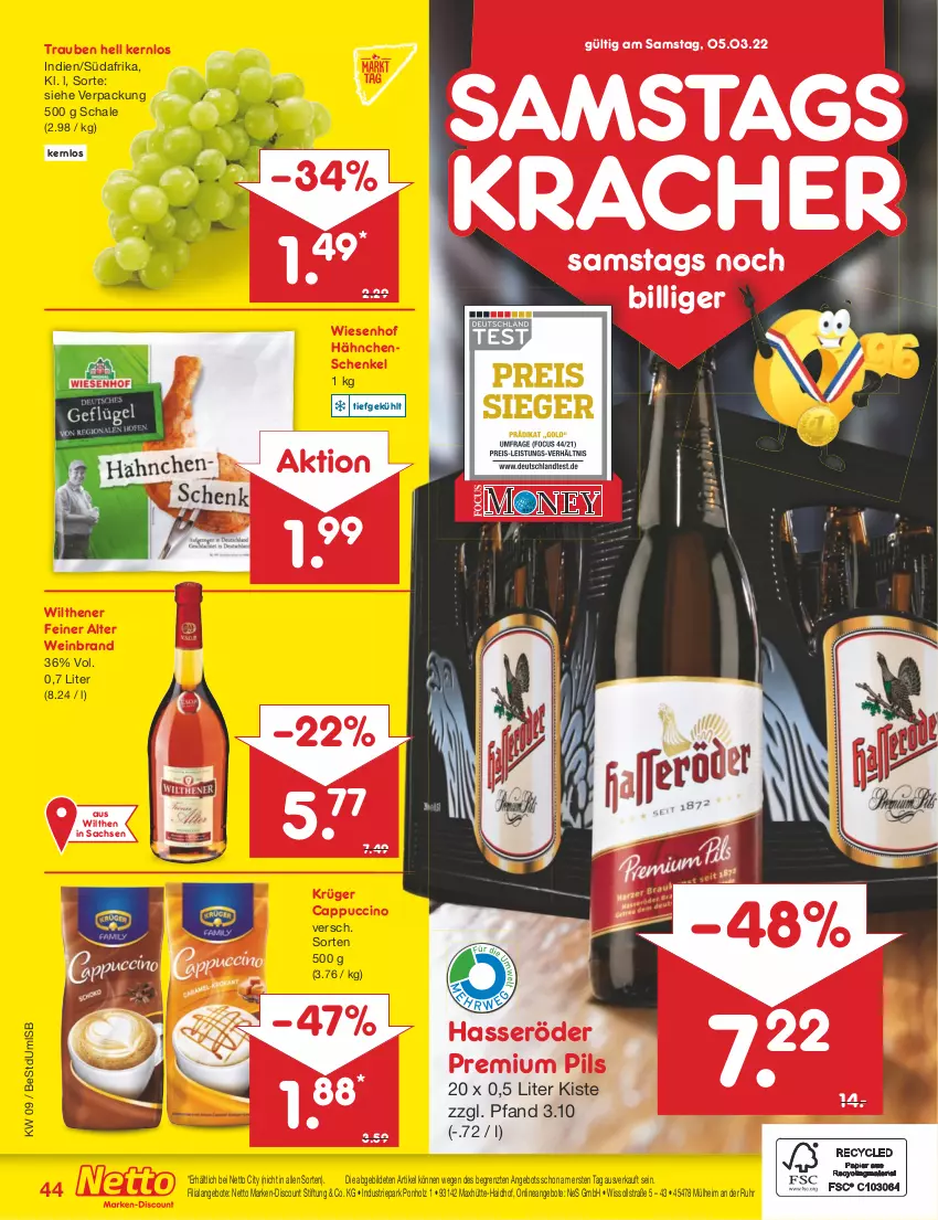 Aktueller Prospekt Netto Marken-Discount - Filial-Angebote - von 28.02 bis 05.03.2022 - strona 44 - produkty: angebot, angebote, Cap, cappuccino, cin, discount, hähnchenschenkel, hasseröder, henkel, Holz, kracher, krüger, marken-discount, pils, premium pils, sac, Schal, Schale, schenkel, Ti, trauben, uhr, wein, weinbrand, wiesenhof, wilthener, ZTE