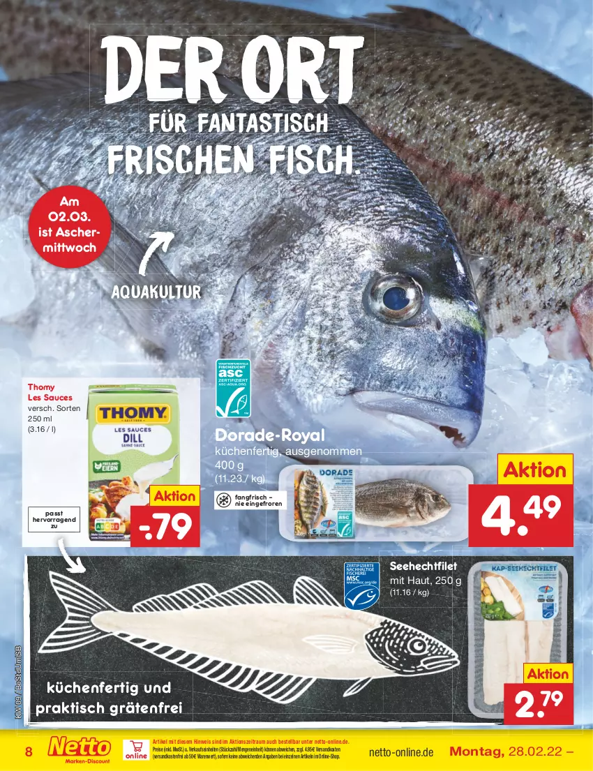 Aktueller Prospekt Netto Marken-Discount - Filial-Angebote - von 28.02 bis 05.03.2022 - strona 8 - produkty: aqua, asti, Dorade, eis, fanta, filet, fisch, küche, Küchen, ndk, reis, sauce, thomy, thomy les sauces, Ti, tisch, versandkostenfrei