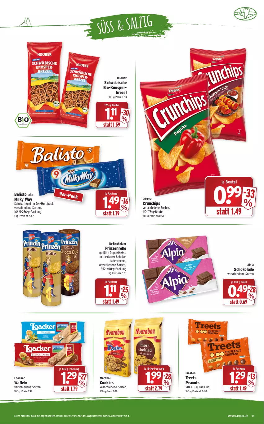 Aktueller Prospekt Wasgau - Prospekte - von 03.01 bis 08.01.2022 - strona 15 - produkty: alpia, angebot, balisto, beutel, bio, brezel, chips, cookie, cookies, creme, crunchips, debeukelaer, Doppelkekse, eis, huober, keks, kekse, lorenz, lorenz crunchips, Marabou, milky way, prinzenrolle, reis, riegel, salz, schoko, schokolade, schokoladen, schokoriegel, Ti, waffeln