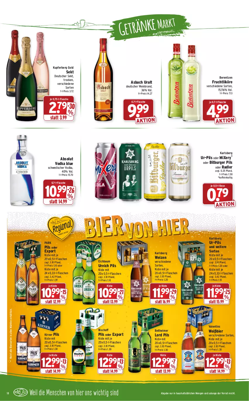 Aktueller Prospekt Wasgau - Prospekte - von 03.01 bis 08.01.2022 - strona 18 - produkty: Absolut Vodka, asbach uralt, Bau, berentzen, bier, bitburger, bitburger pils, burger, deutscher sekt, eimer, eis, flasche, frucht, karlsberg, likör, Mixer, mixery, oder radler, pils, radler, reis, sekt, Ti, vodka, wein, weinbrand