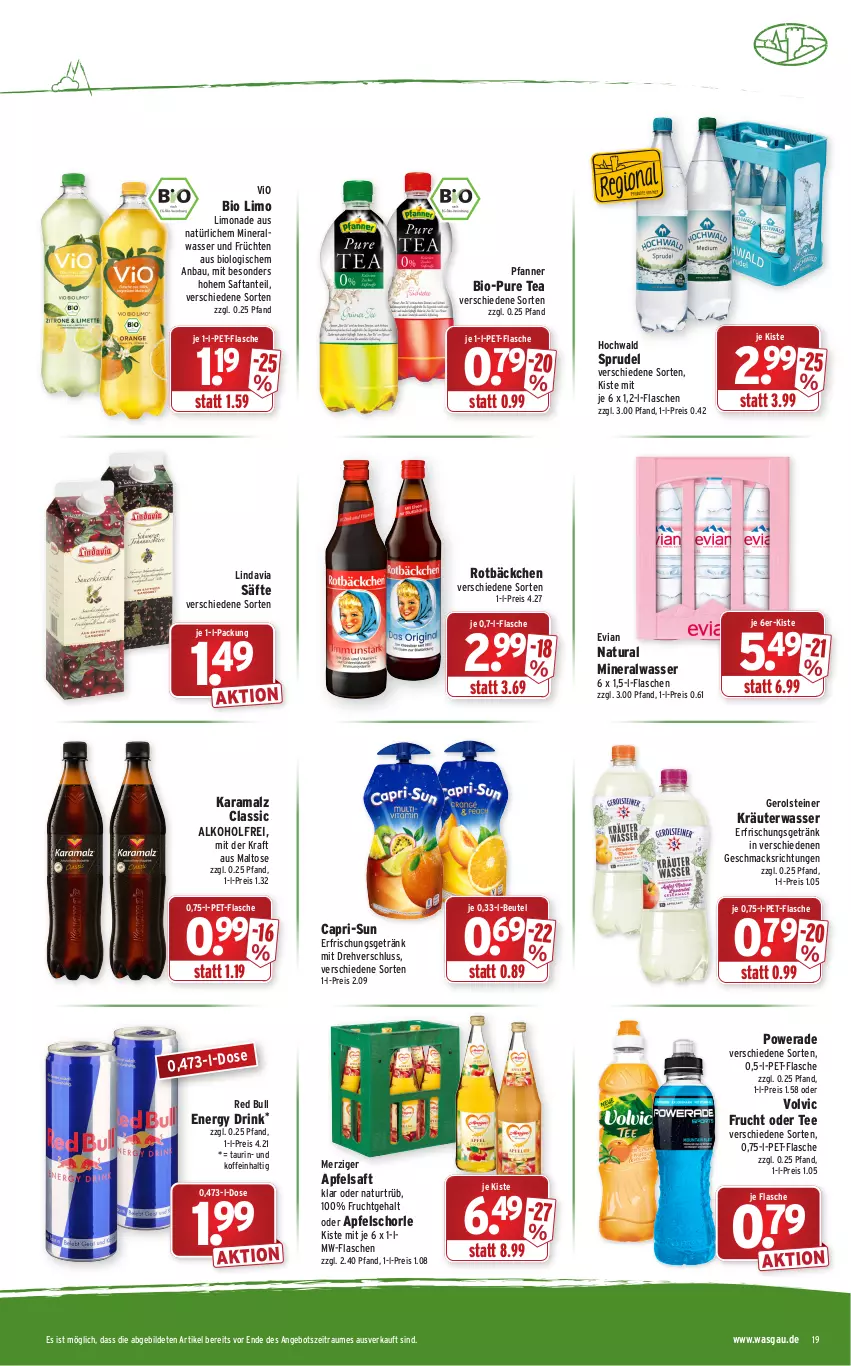 Aktueller Prospekt Wasgau - Prospekte - von 03.01 bis 08.01.2022 - strona 19 - produkty: alkohol, Alwa, angebot, apfel, apfelsaft, Apfelschorle, Bau, beutel, bio, bio limo, Cap, capri-sun, drink, eis, energy drink, erfrischungsgetränk, flasche, frucht, früchte, früchten, gerolsteine, gerolsteiner, getränk, hochwald, karamalz, kraft, kräuter, limo, limonade, mac, malz, mineralwasser, mw-flasche, natur, natura, pet-flasche, pfanne, Pfanner, rama, red bull, reis, saft, säfte, schorle, Sprudel, steiner, tee, Ti, vio bio limo, volvic, wasser