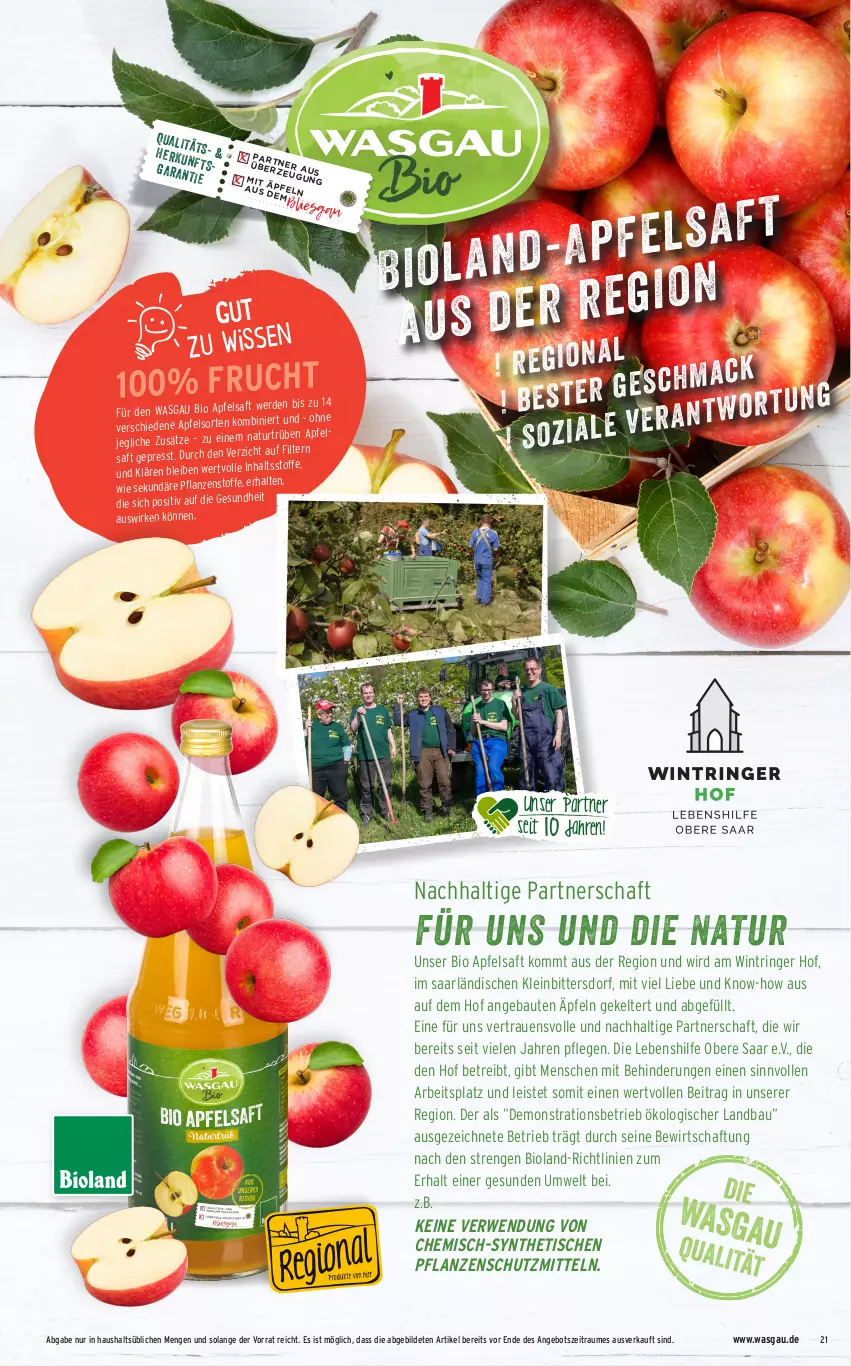 Aktueller Prospekt Wasgau - Prospekte - von 03.01 bis 08.01.2022 - strona 21 - produkty: angebot, apfel, apfelsaft, Bau, bio, bioland, eis, erde, frucht, natur, pflanze, pflanzen, ring, rwe, saft, Ti, tisch