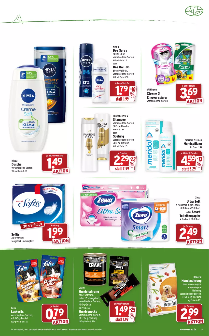 Aktueller Prospekt Wasgau - Prospekte - von 03.01 bis 08.01.2022 - strona 23 - produkty: angebot, beutel, deo, deo roll-on, deo spray, dusche, einwegrasierer, eis, elmex, felix, flasche, hundenahrung, hundesnack, hundesnacks, meridol, mundspülung, nivea, oder deo roll-on, pantene, pantene pro-v, papier, pro-v, rasierer, reis, roll-on, shampoo, snack, snacks, spülung, Ti, toilettenpapier, wilkinson, zewa