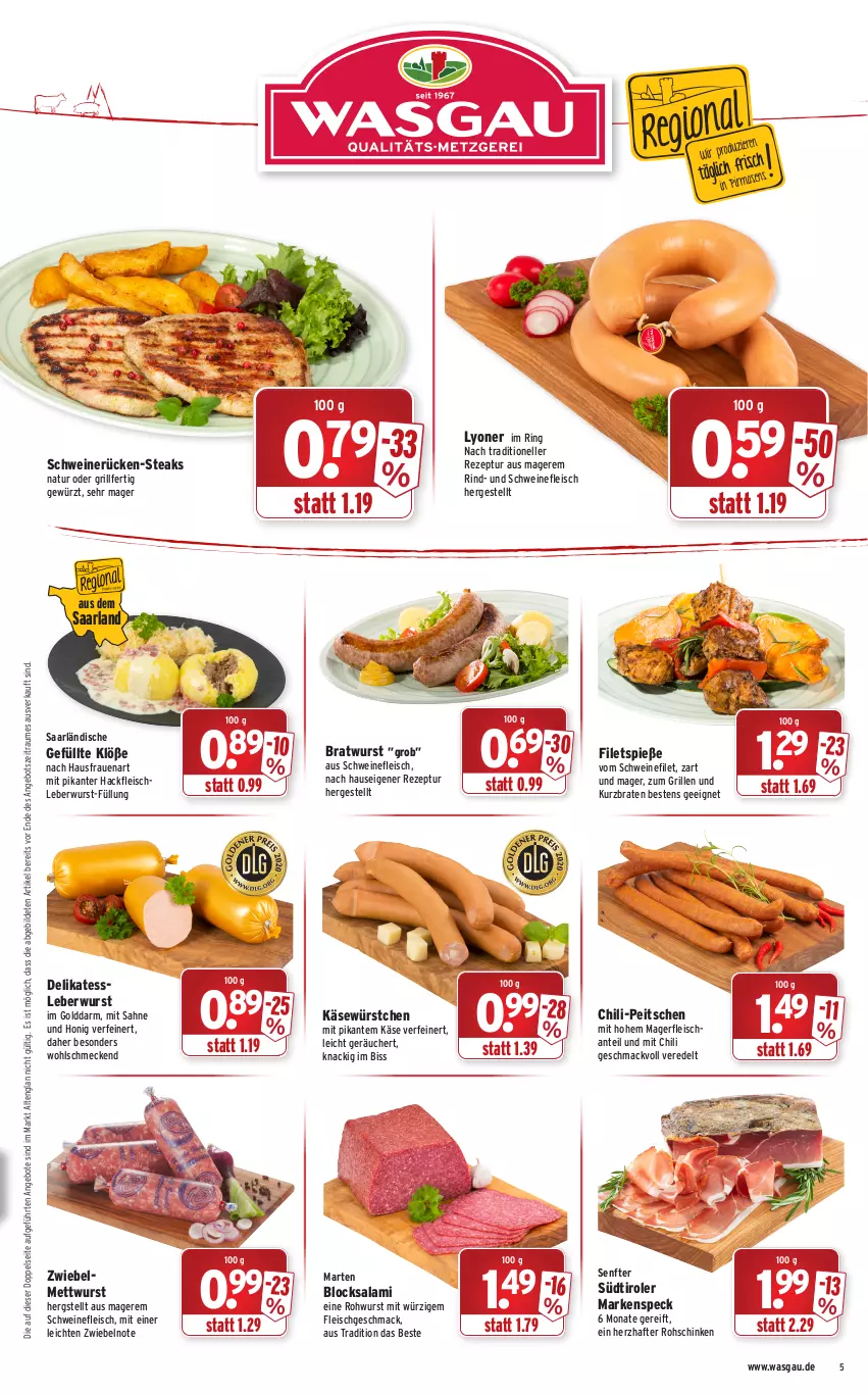 Aktueller Prospekt Wasgau - Prospekte - von 03.01 bis 08.01.2022 - strona 5 - produkty: angebot, angebote, arla, braten, bratwurst, chili, eis, elle, filet, filets, fleisch, gewürz, grill, hackfleisch, honig, Käse, leberwurst, lyoner, mac, Mett, mettwurst, natur, rezept, rind, ring, rohschinken, Rohwurst, sahne, salami, schinken, schwein, schweine, schweinefilet, schweinefleisch, schweinerücken, senf, Speck, steak, steaks, südtiroler, Ti, wein, weine, wurst, würstchen, Yo, zwiebel, zwiebelmettwurst, zwiebeln