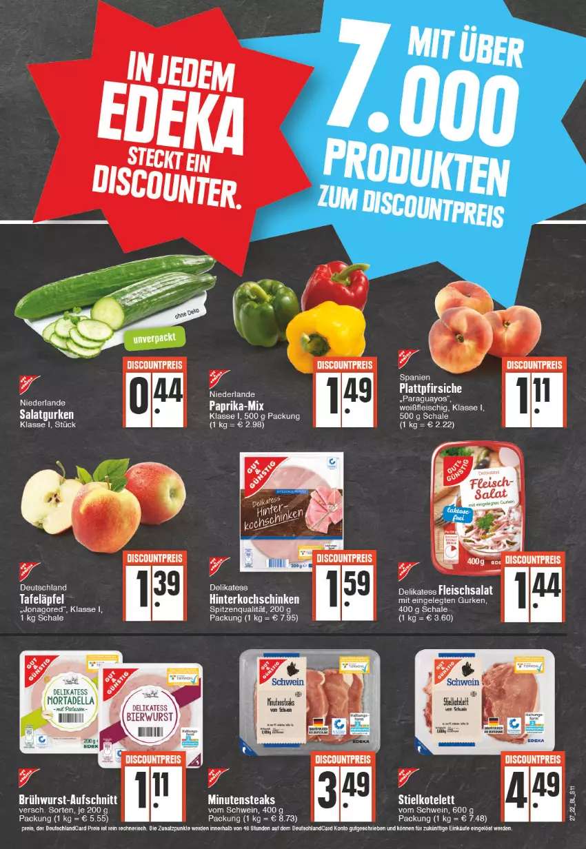 Aktueller Prospekt Edeka - Angebote der Woche - von 04.07 bis 09.07.2022 - strona 11 - produkty: aufschnitt, Brühwurst, dell, deutschlandcard, discount, eis, erde, fleisch, fleischsalat, gurke, gurken, jonagored, minutensteaks, mortadella, paraguayos, pfirsich, pfirsiche, plattpfirsiche, reis, salat, Salatgurke, salatgurken, Schal, Schale, schwein, spitzenqualität, steak, steaks, tafeläpfel, Ti, wein, wurst, Yo, ZTE