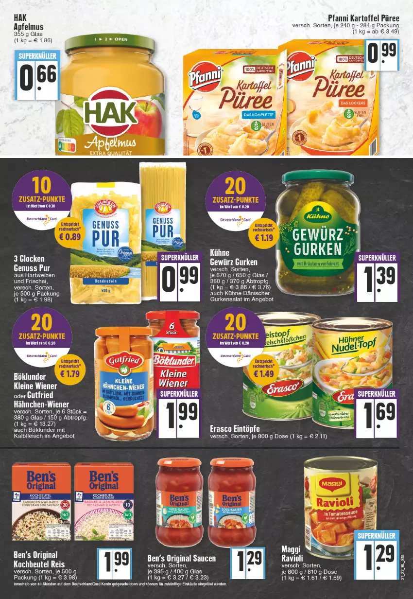 Aktueller Prospekt Edeka - Angebote der Woche - von 04.07 bis 09.07.2022 - strona 15 - produkty: aeg, angebot, apfel, apfelmus, Ben’s Original, beutel, böklunder, eintöpfe, eis, erasco, fleisch, gewürz, gin, gurke, gurken, gurkensalat, hartweizen, Kalbfleisch, kartoffel, kochbeutel, korn, Kühne, leine, mit kalbfleisch, nuss, pfanni, püree, reis, salat, sauce, saucen, Ti, wiener, Wild