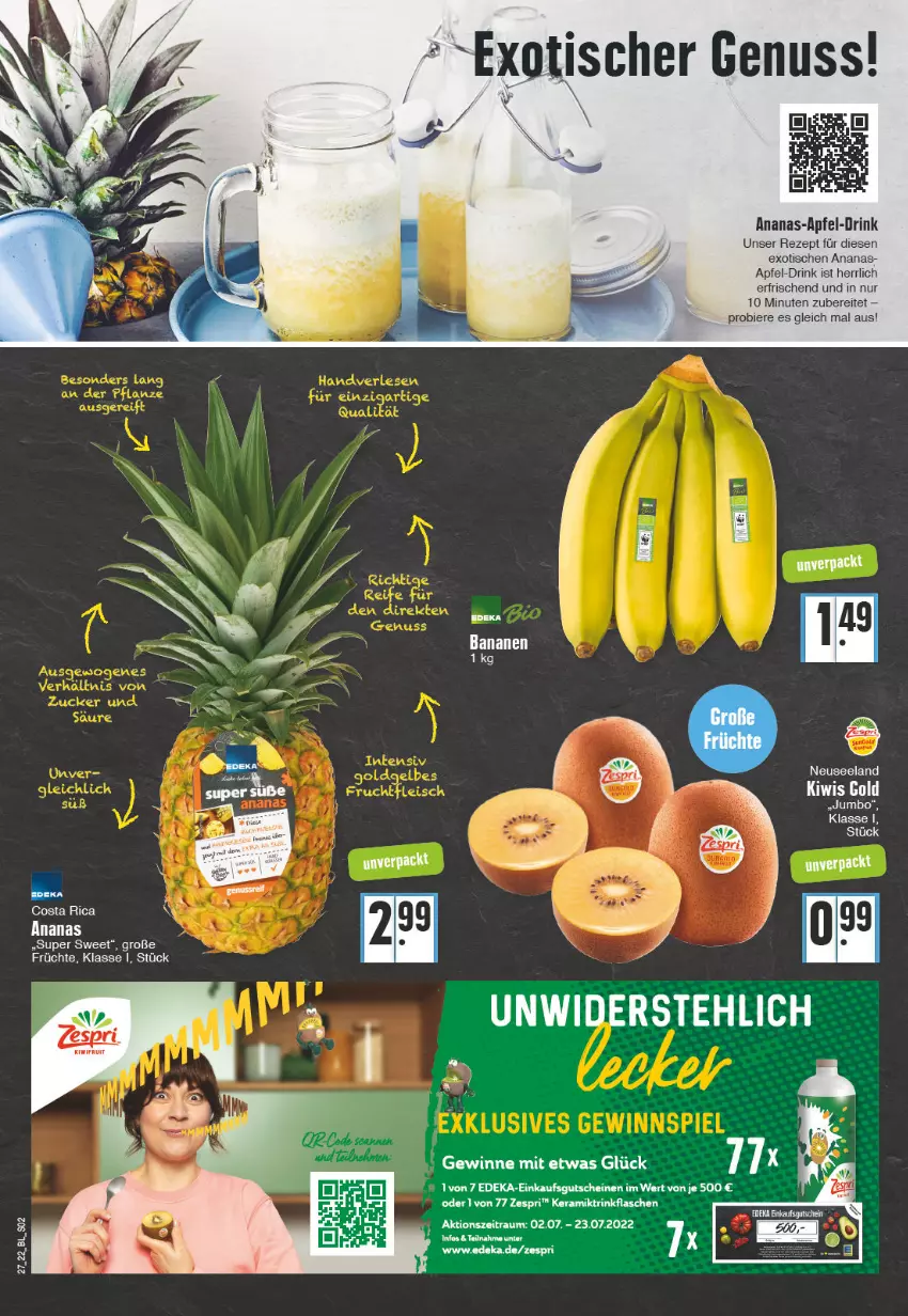 Aktueller Prospekt Edeka - Angebote der Woche - von 04.07 bis 09.07.2022 - strona 2 - produkty: ananas, apfel, bier, Biere, deka, drink, Elan, früchte, gutschein, gutscheine, jumbo, nuss, rezept, Ti, tisch, zespri