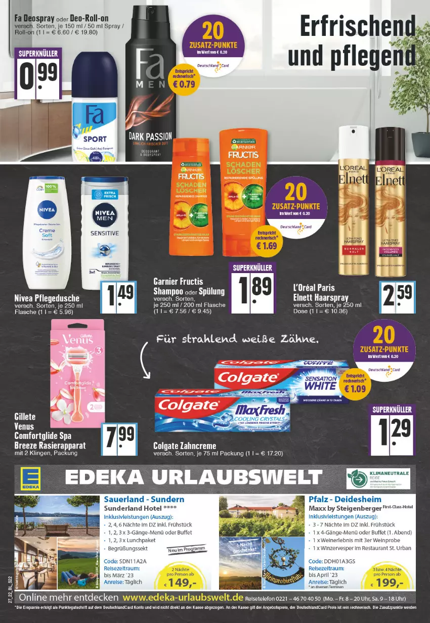 Aktueller Prospekt Edeka - Angebote der Woche - von 04.07 bis 09.07.2022 - strona 22 - produkty: Berger, bree, colgate, creme, decke, deo, deospray, dusche, eis, ente, erde, flasche, garnier, haarspray, HP, LG, nivea, pflegedusche, pril, rasierapparat, reis, roll-on, sekt, shampoo, shampoo oder spülung, spülung, tee, telefon, Ti, uhr, wein, weine, zahncreme