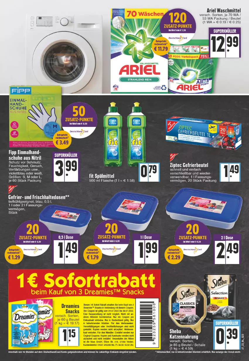 Aktueller Prospekt Edeka - Angebote der Woche - von 04.07 bis 09.07.2022 - strona 23 - produkty: ariel, ariel waschmittel, beutel, erde, flasche, frischhaltedosen, gefrierbeutel, katzennahrung, LG, rwe, Schal, Schale, spülmittel, tee, Ti, waschmittel