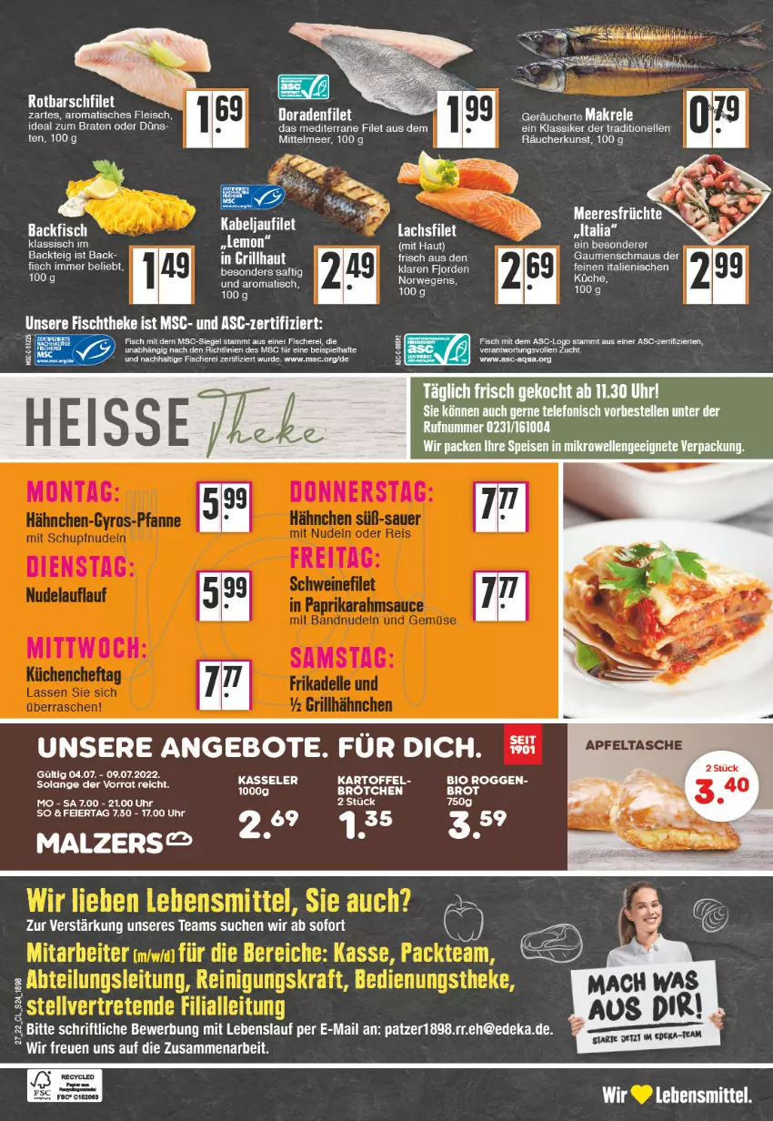 Aktueller Prospekt Edeka - Angebote der Woche - von 04.07 bis 09.07.2022 - strona 24 - produkty: angebot, angebote, aqua, backfisch, bio, braten, brot, brötchen, deka, Dorade, eis, elle, ente, filet, fisch, fische, Fischer, fleisch, grill, ideal zum braten, kartoffel, kasseler, lachs, lachsfilet, lebensmittel, Makrele, Maus, papier, rel, Rotbarsch, rotbarschfilet, Schere, telefon, Ti, tisch, uhr