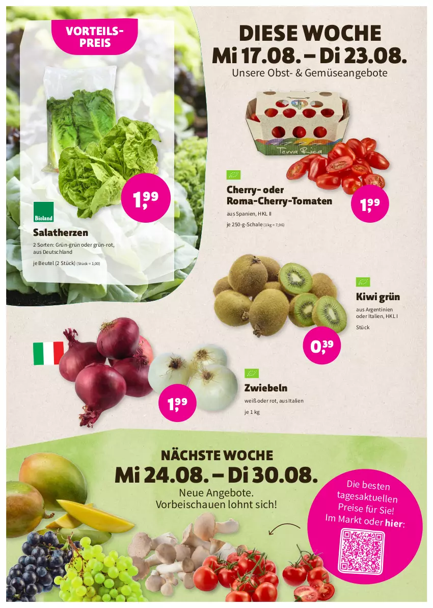 Aktueller Prospekt Denns Biomarkt - Prospekte - von 17.08 bis 30.08.2022 - strona 2 - produkty: angebot, angebote, beutel, eis, elle, kiwi, obst, reis, salat, salatherzen, Schal, Schale, Ti, tomate, tomaten, vorteilspreis, zwiebel, zwiebeln