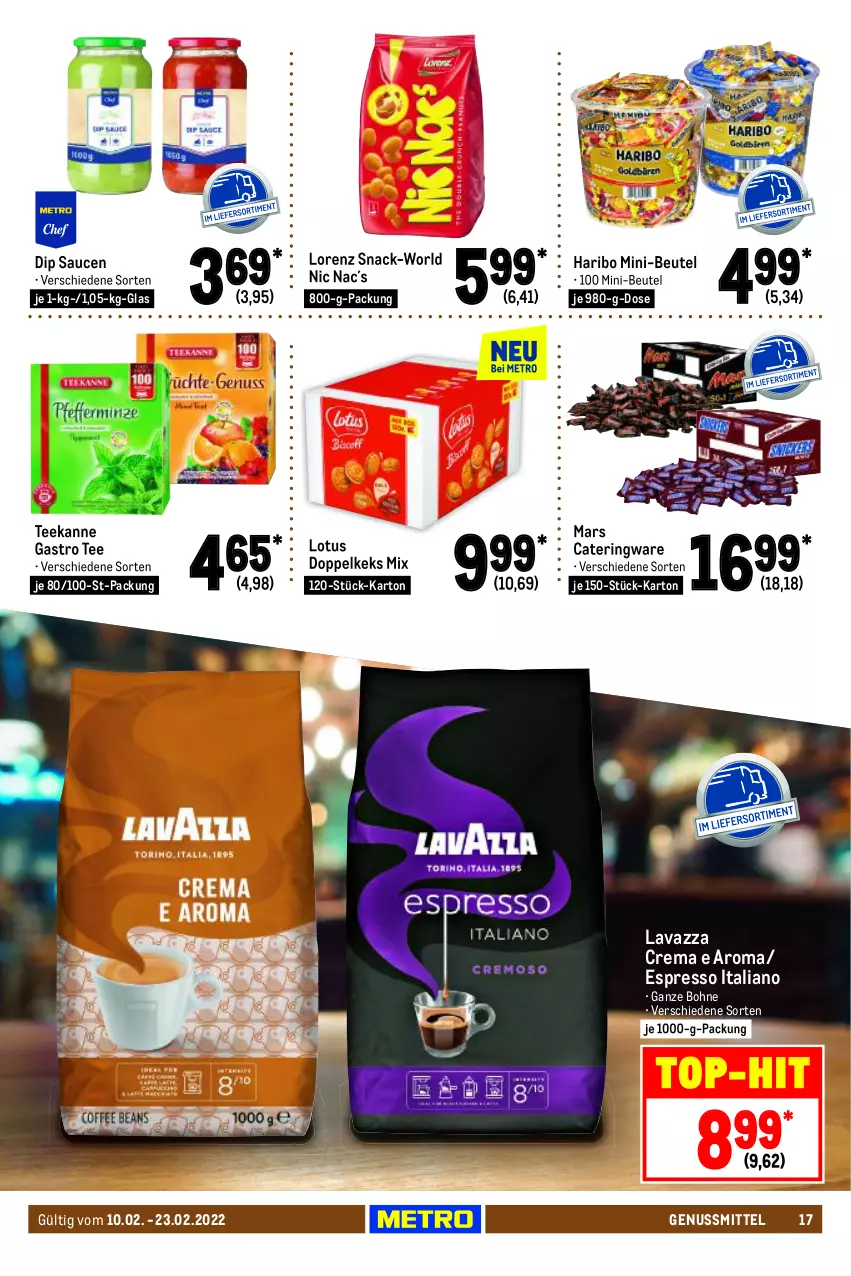 Aktueller Prospekt Metro - GastroJournal - von 10.02 bis 23.02.2022 - strona 17 - produkty: beutel, bohne, dip, espresso, haribo, keks, lavazza, lorenz, mars, nuss, ring, sauce, saucen, snack, tee, teekanne, Ti, top-hit