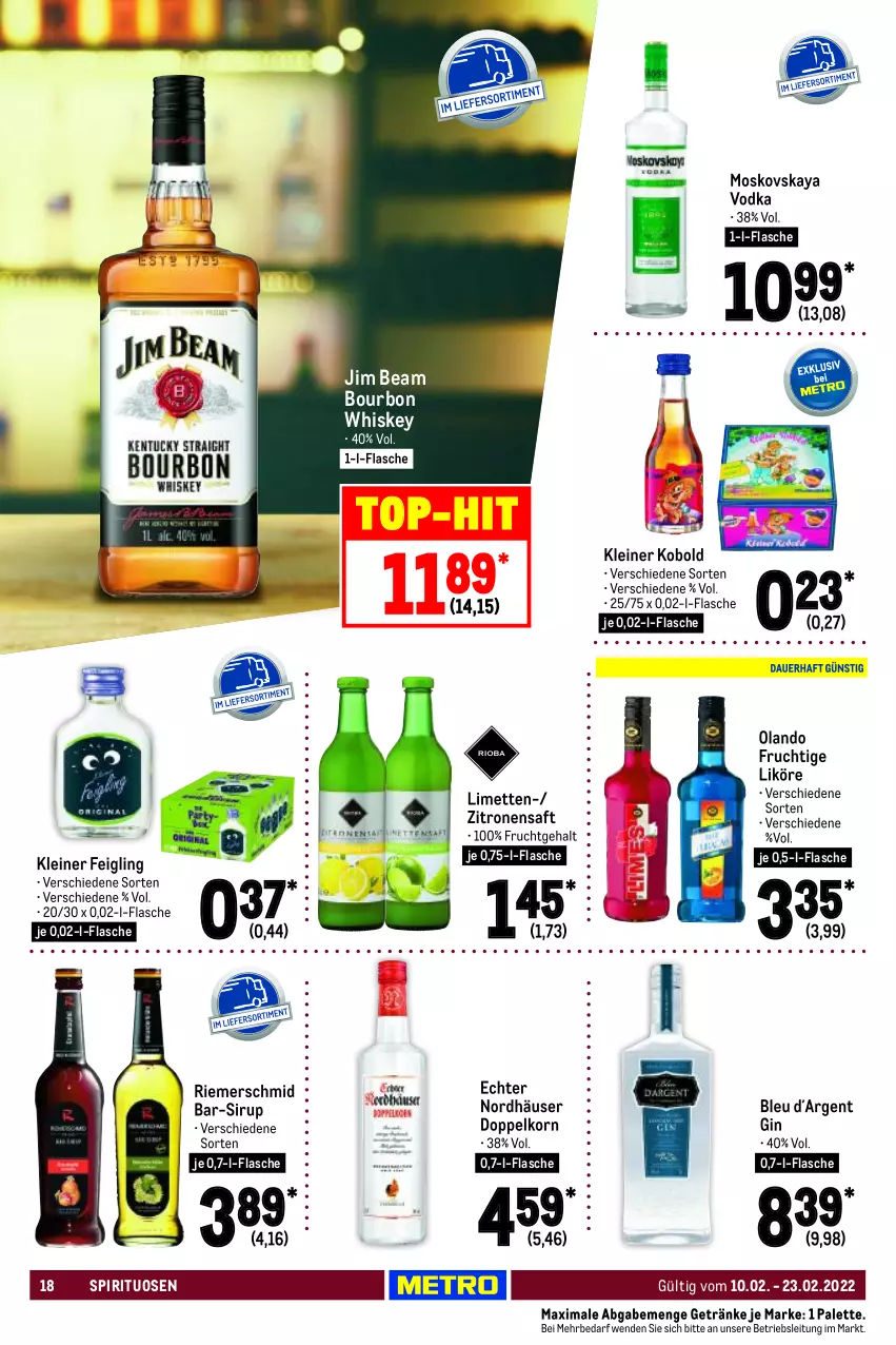 Aktueller Prospekt Metro - GastroJournal - von 10.02 bis 23.02.2022 - strona 18 - produkty: bourbon, bourbon whiskey, doppelkorn, flasche, frucht, getränk, getränke, gin, jim beam, kleiner feigling, korn, leine, likör, limette, limetten, Mett, metten, moskovskaya, Palette, saft, sirup, spirituosen, Ti, top-hit, vodka, whiskey, zitrone, zitronen, zitronensaft